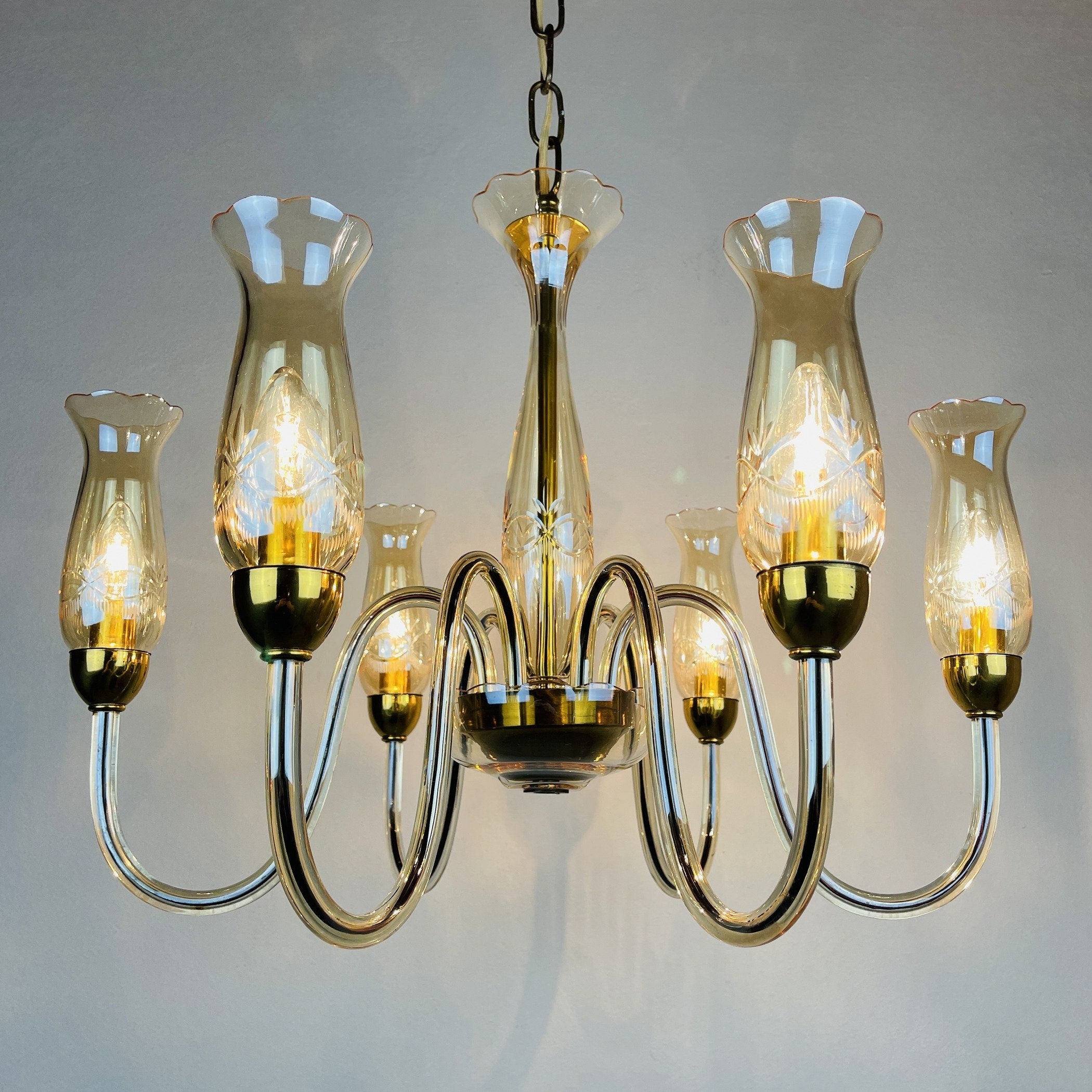 Vintage amber murano chandelier De Majo Italy 1970s Mid-century italian chandelier 6 bulbs