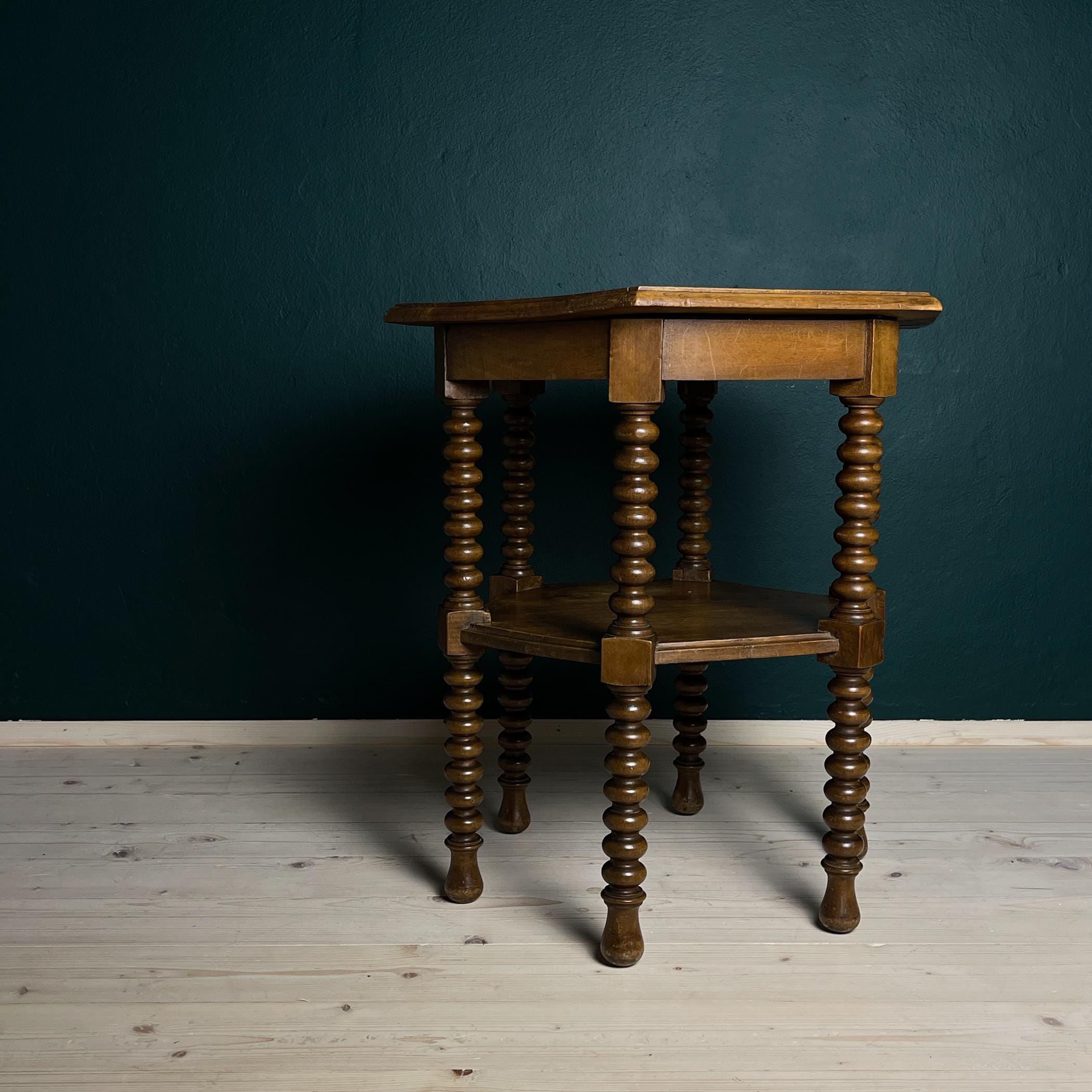 Antique Hexagonal Walnut Side Table, Italy, the Early 20th Century, Bobbin Turned Legs