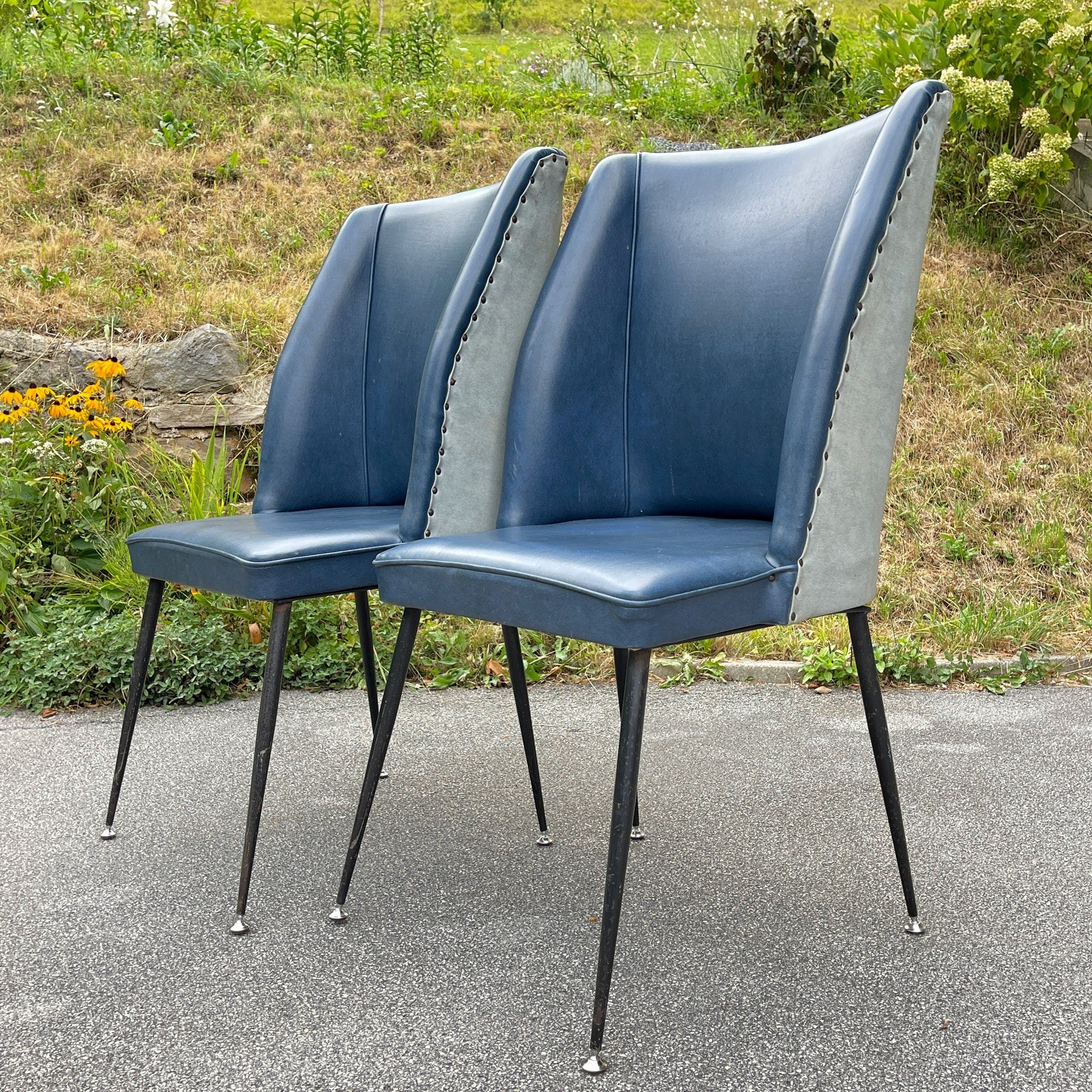 Vintage blue dining chairs, Italy 1950s, Mid-century modern, Set of 2