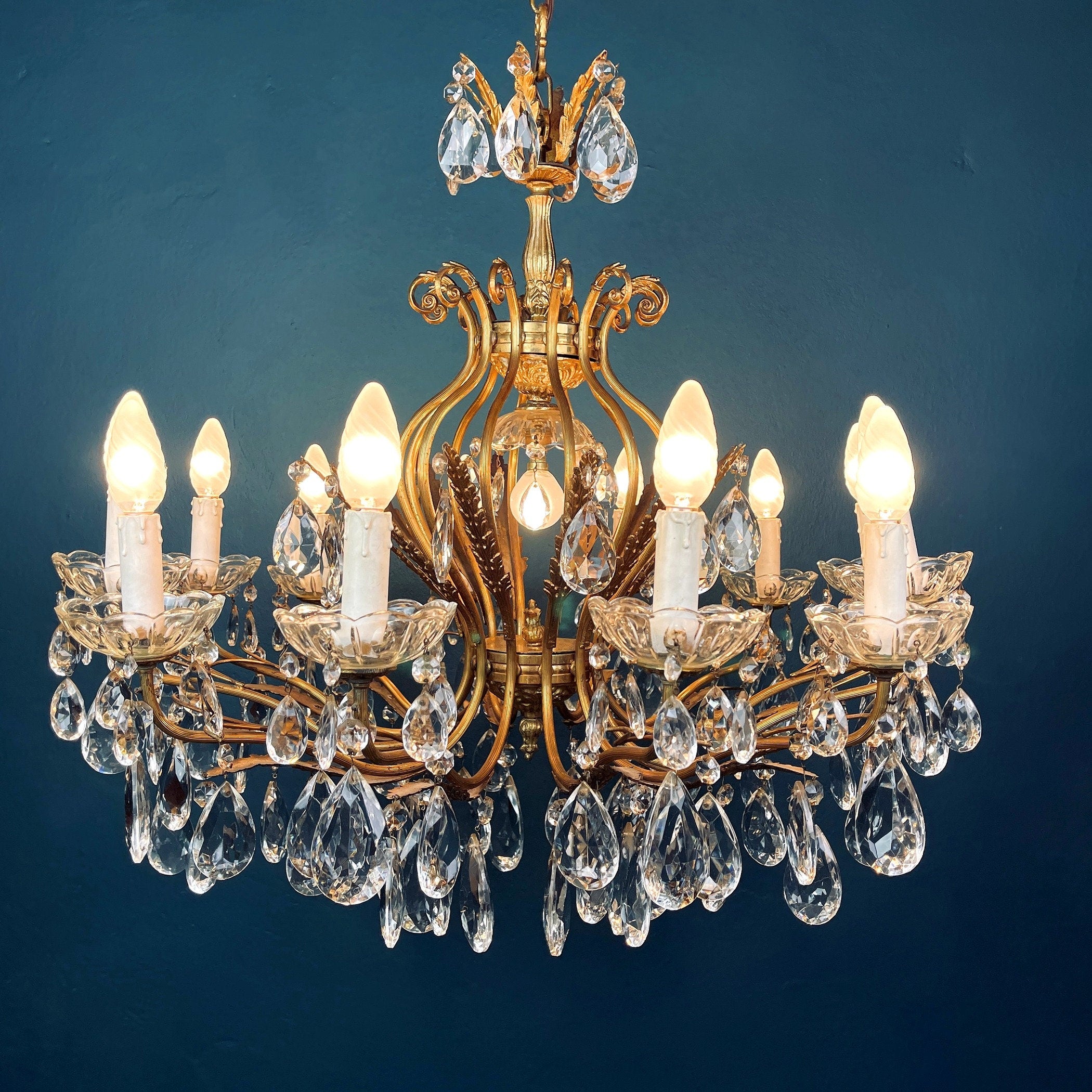 XL Vintage Crystal Chandelier: 1950s Italian Hollywood Regency Brass Lamp