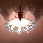 Vintage Italian Pendant Lamp: Blue & White Glass, Brass Accent, 1950s
