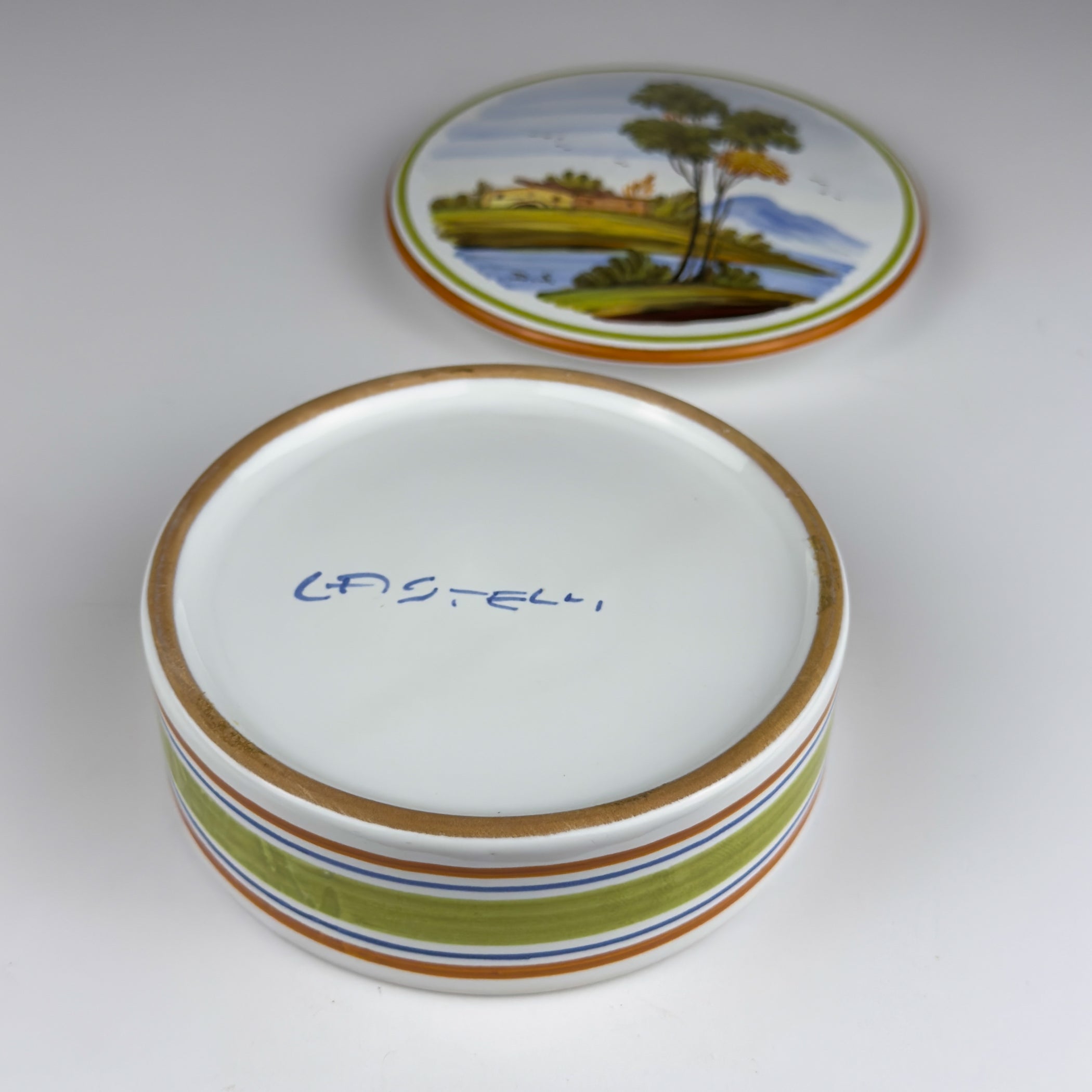 Vintage hand painted round trinket box by manufacture Di Stefano, Italy, late 20th Century