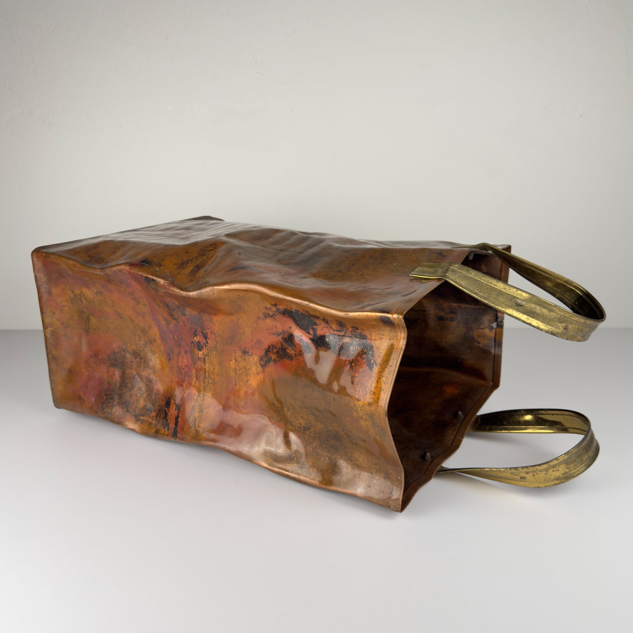 Vintage Copper Magazine Rack "Shopper Bag" with Brass Handles, Italy 1970s