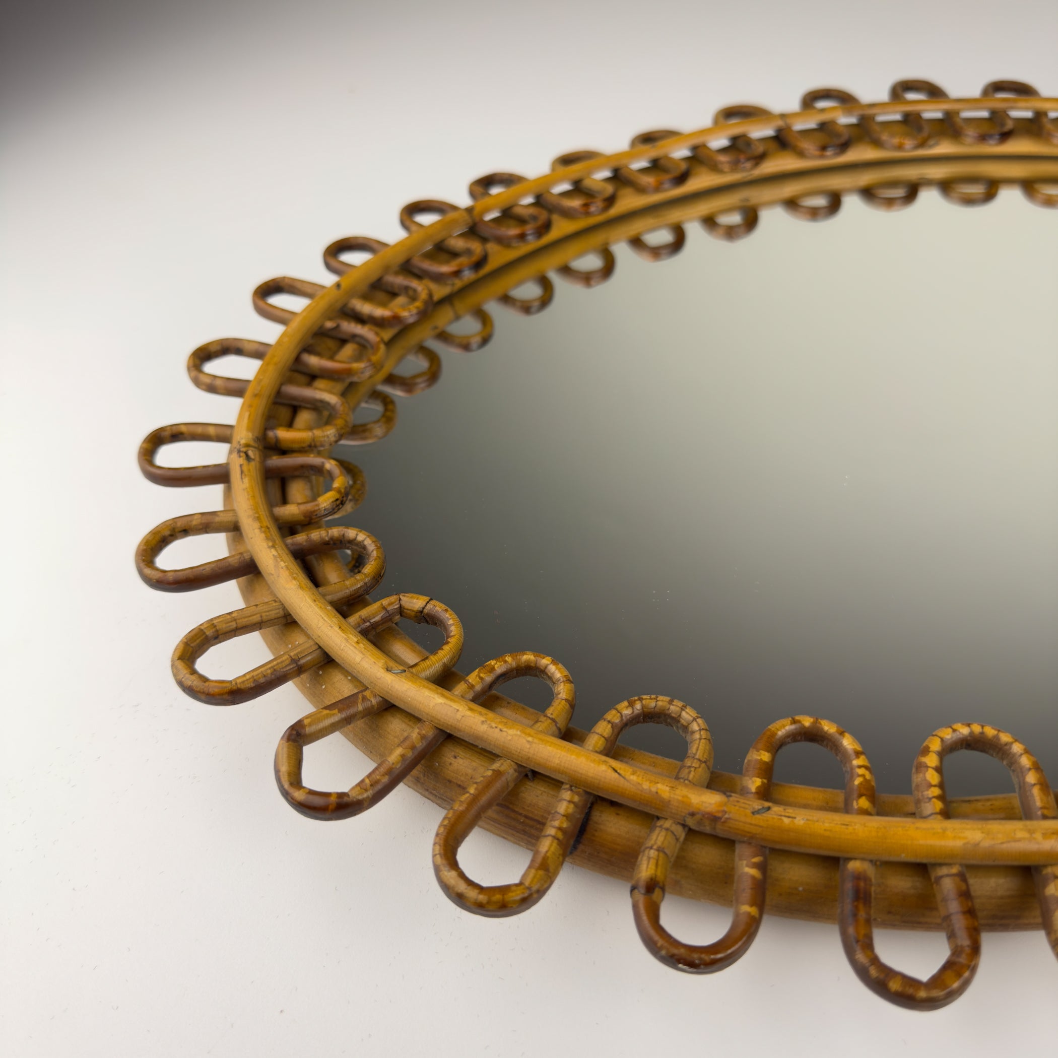 Vintage Oval Bamboo Mirror, attributed Franco Albini, Italy 1960s