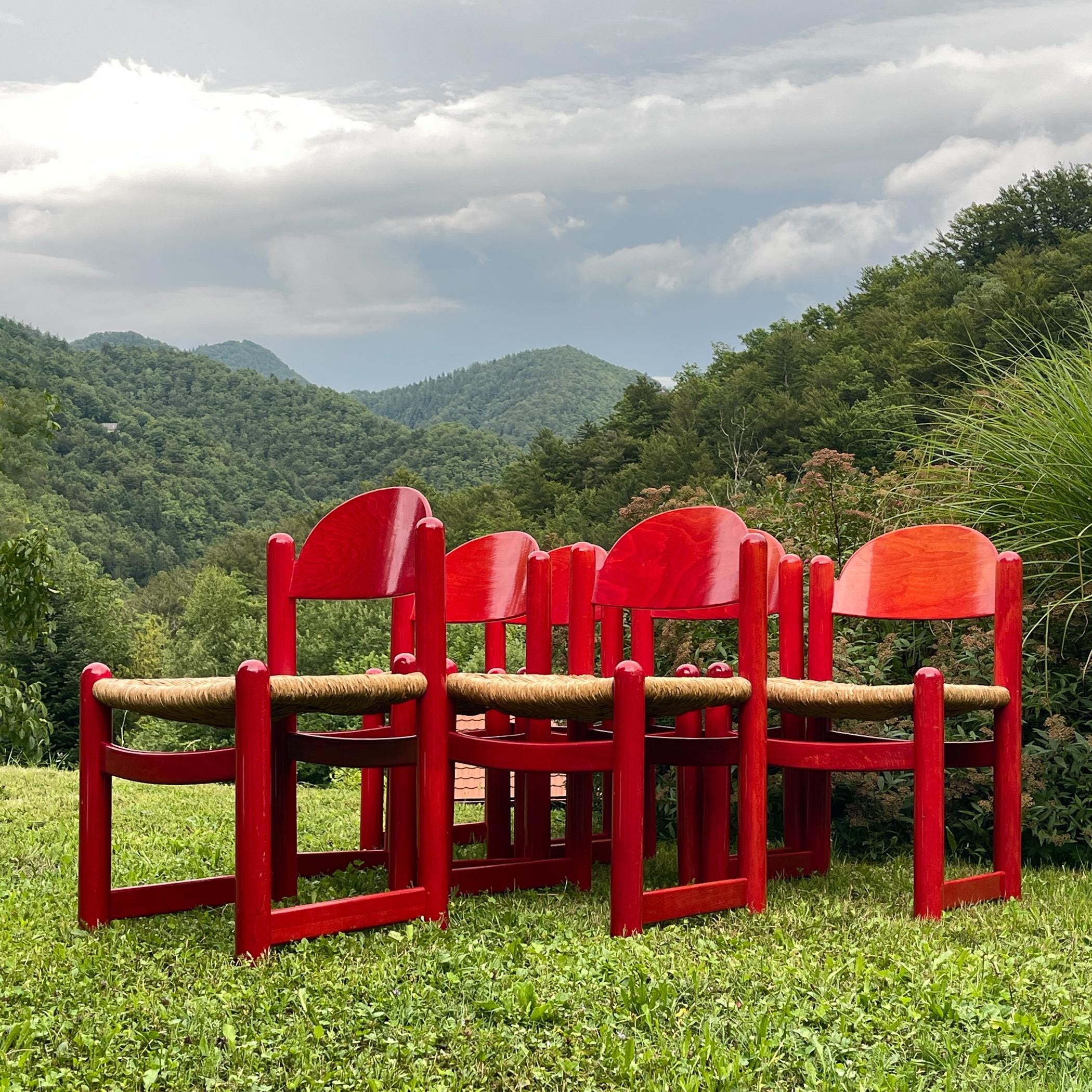 Set Of 6 Red Chairs mod. Padova By Hank Lowenstein, Italy 1970s