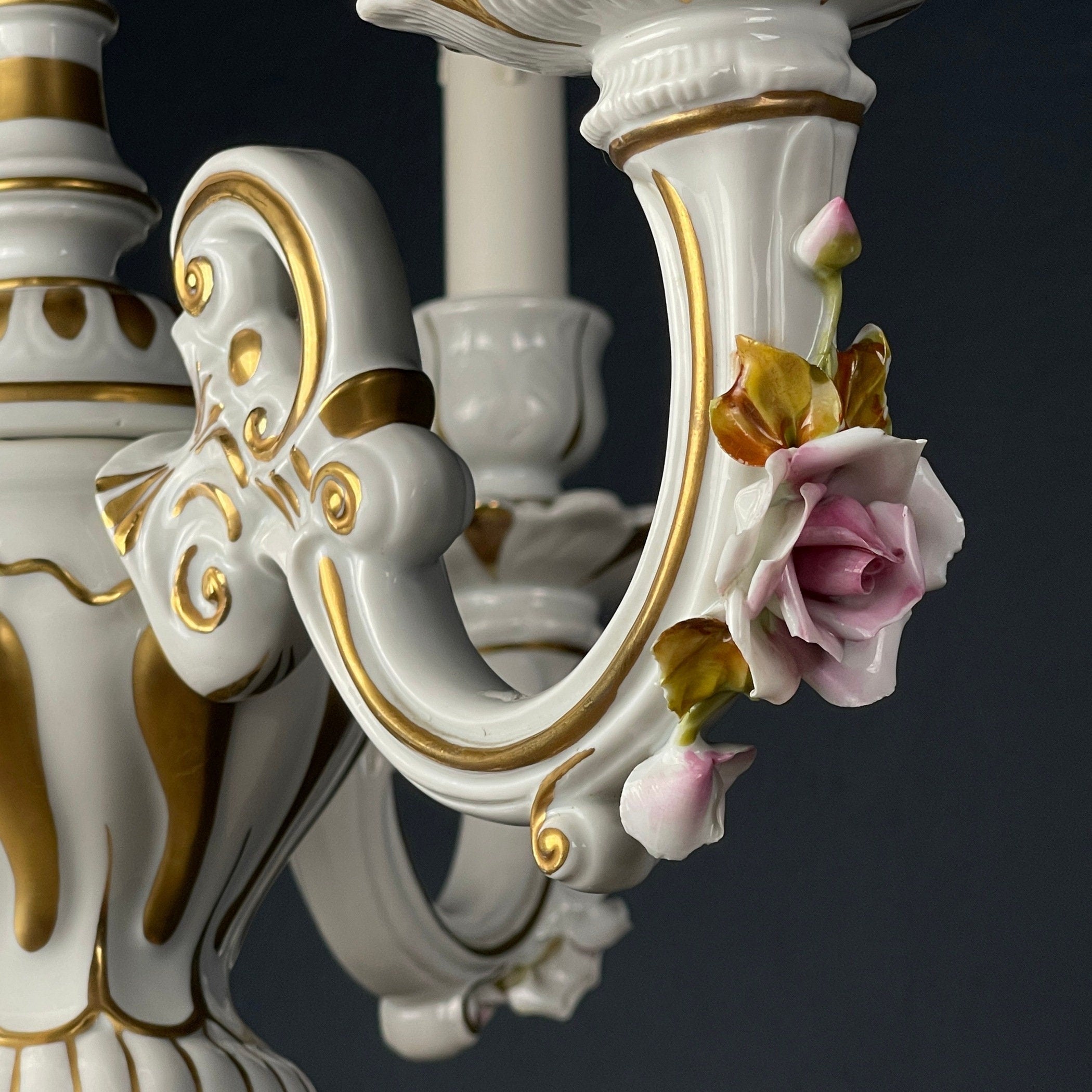 Vintage Capodimonte porcelain chandelier Italy 1940s  3 arm Baroque, Shabby chic design