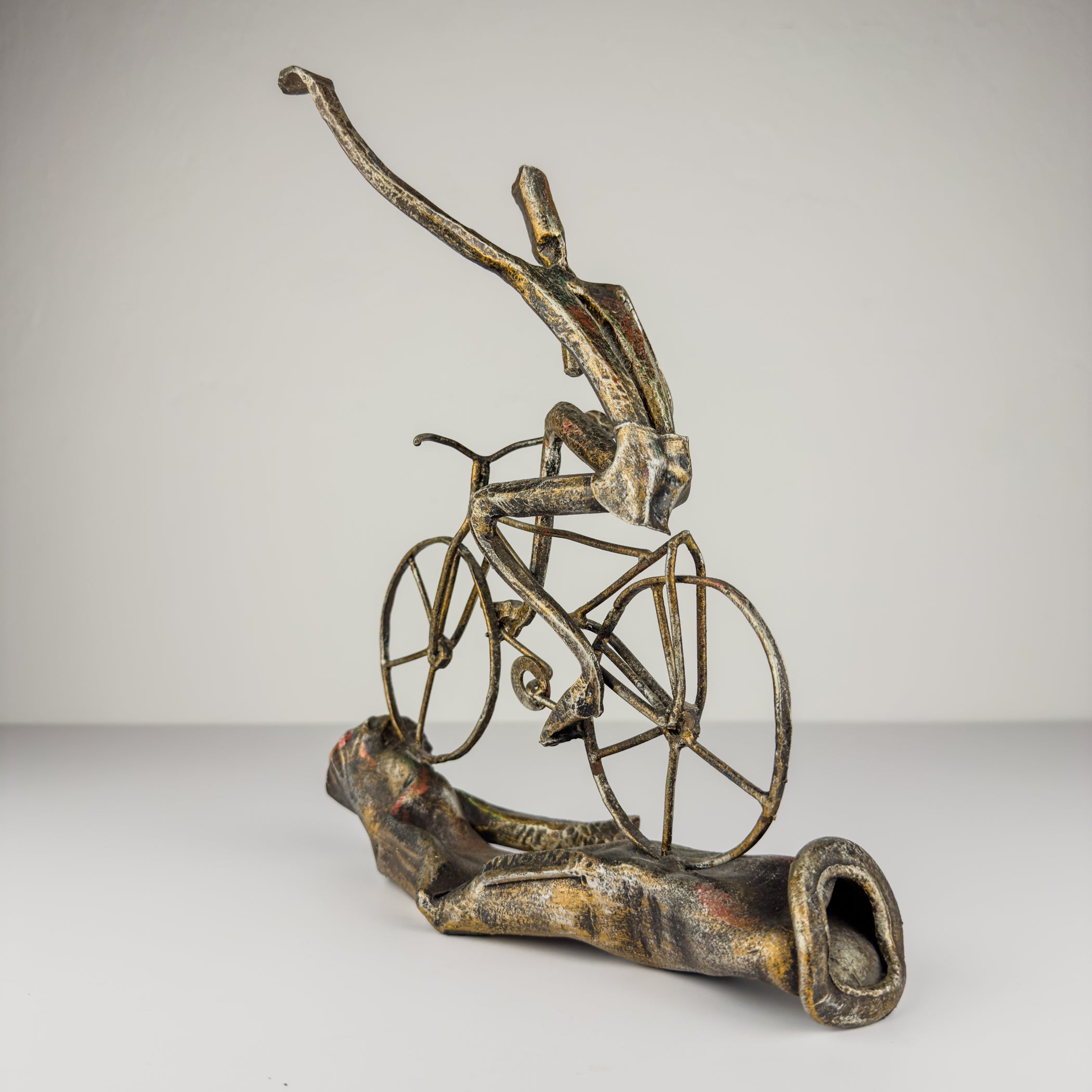 Vintage metal Brutalist sculpture Bicyclist by Salvino Marsura, Italy 1980s