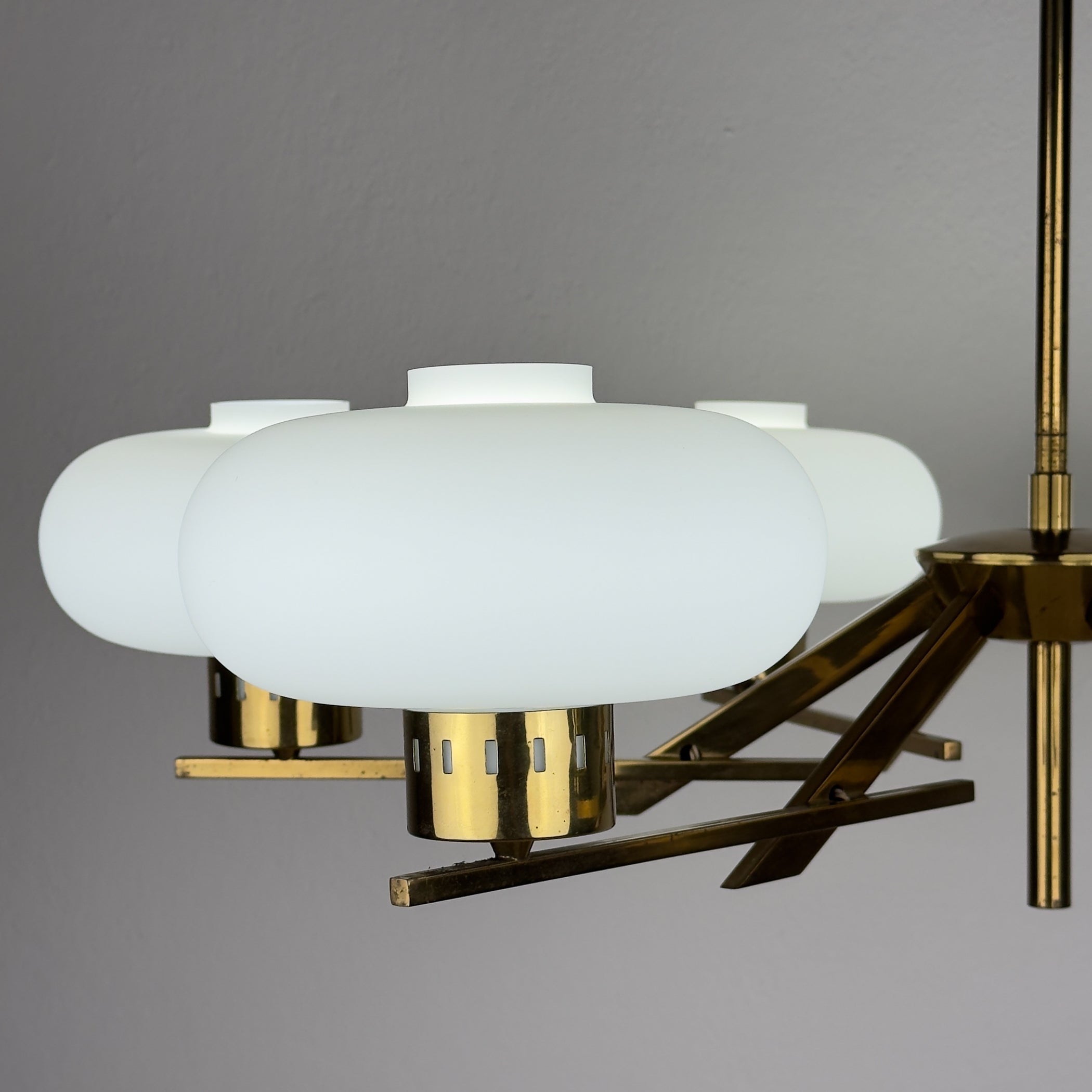 Mid-Century Stilnovo Chandelier with Brass and Opaline Glass, Italy 1970s