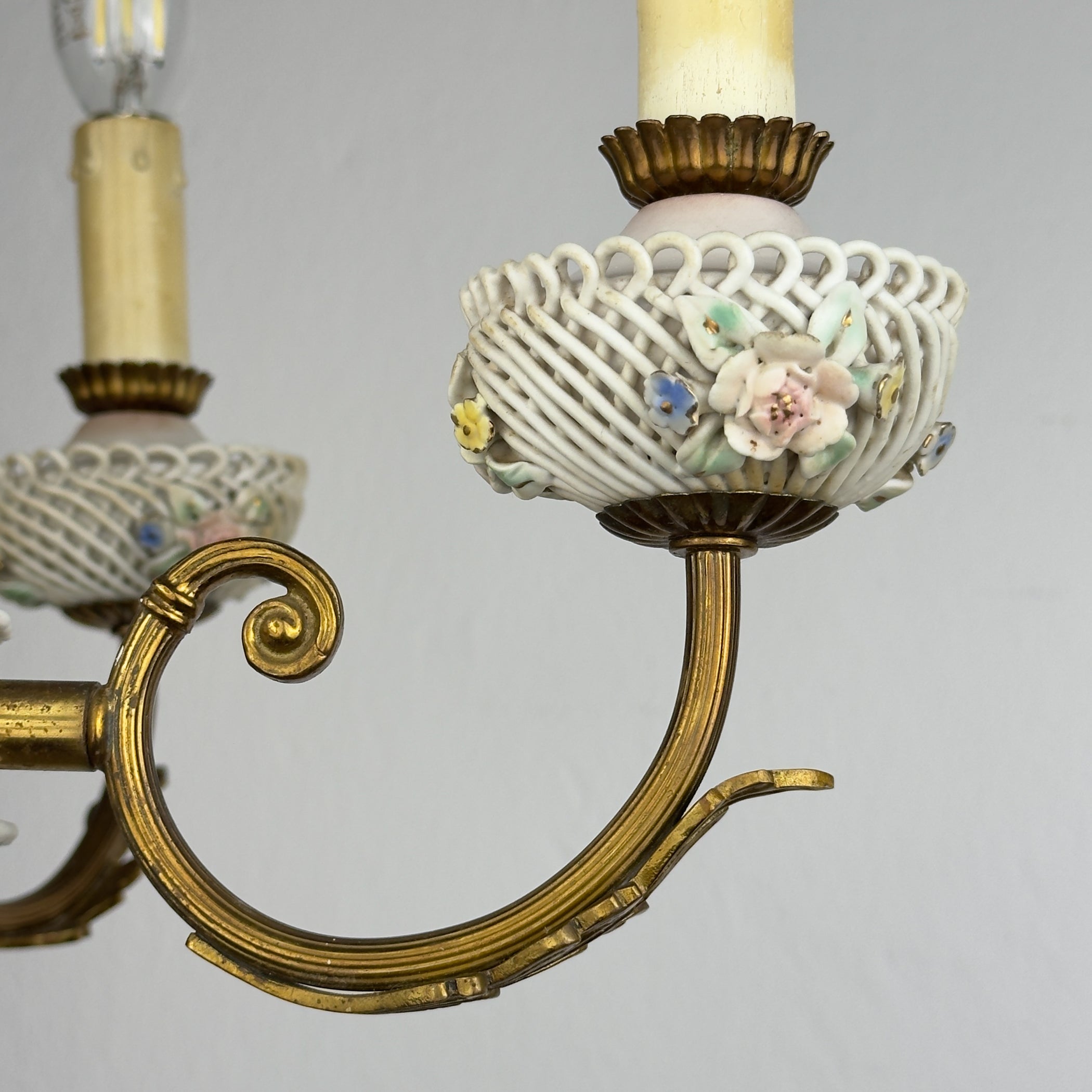 Vintage Art Nouveau Capodimonte Chandelier: Floral Porcelain Lamp, 1930s