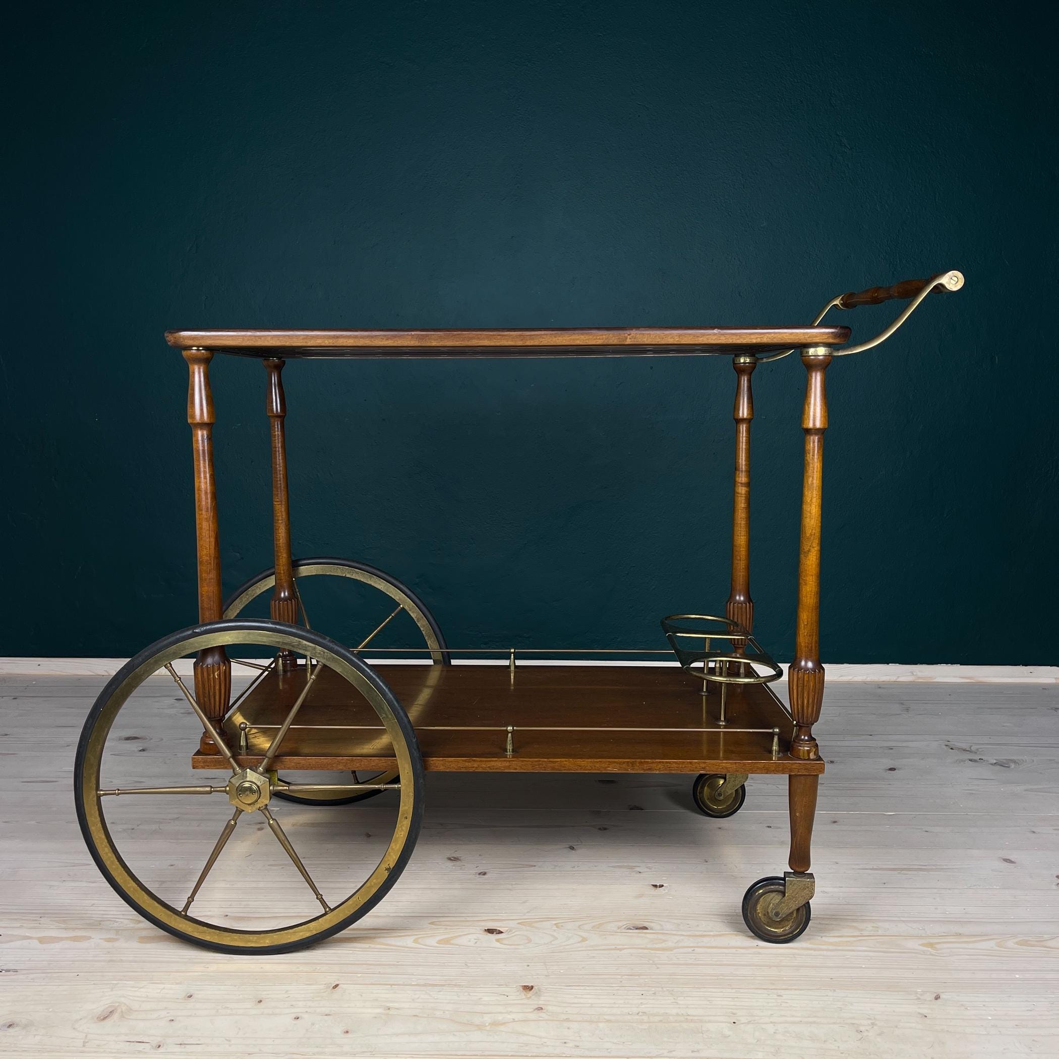 Mid-Century wood bar cart trolley, Italy, 1970s, Vintage Home Decor