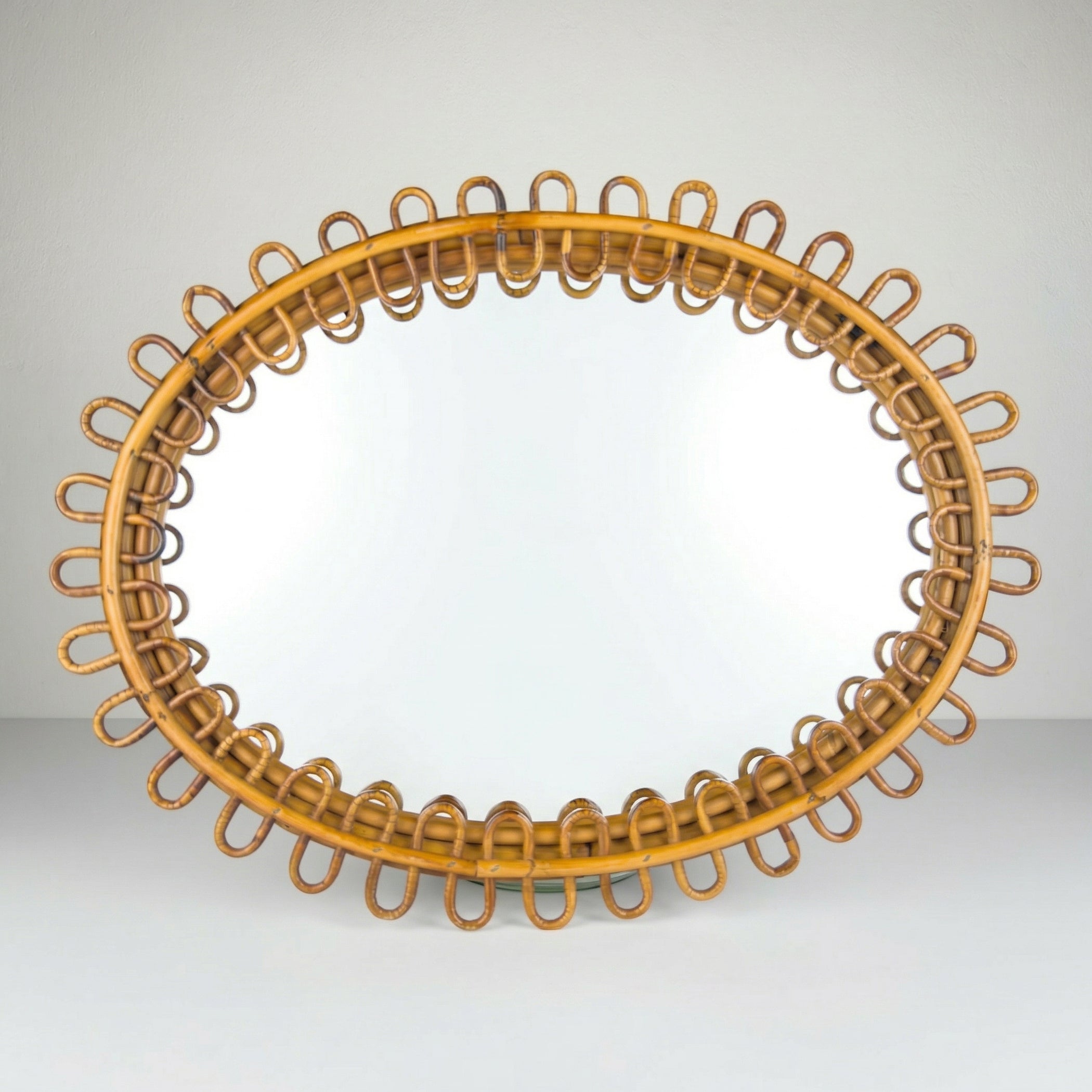 Vintage Oval Bamboo Mirror, attributed Franco Albini, Italy 1960s