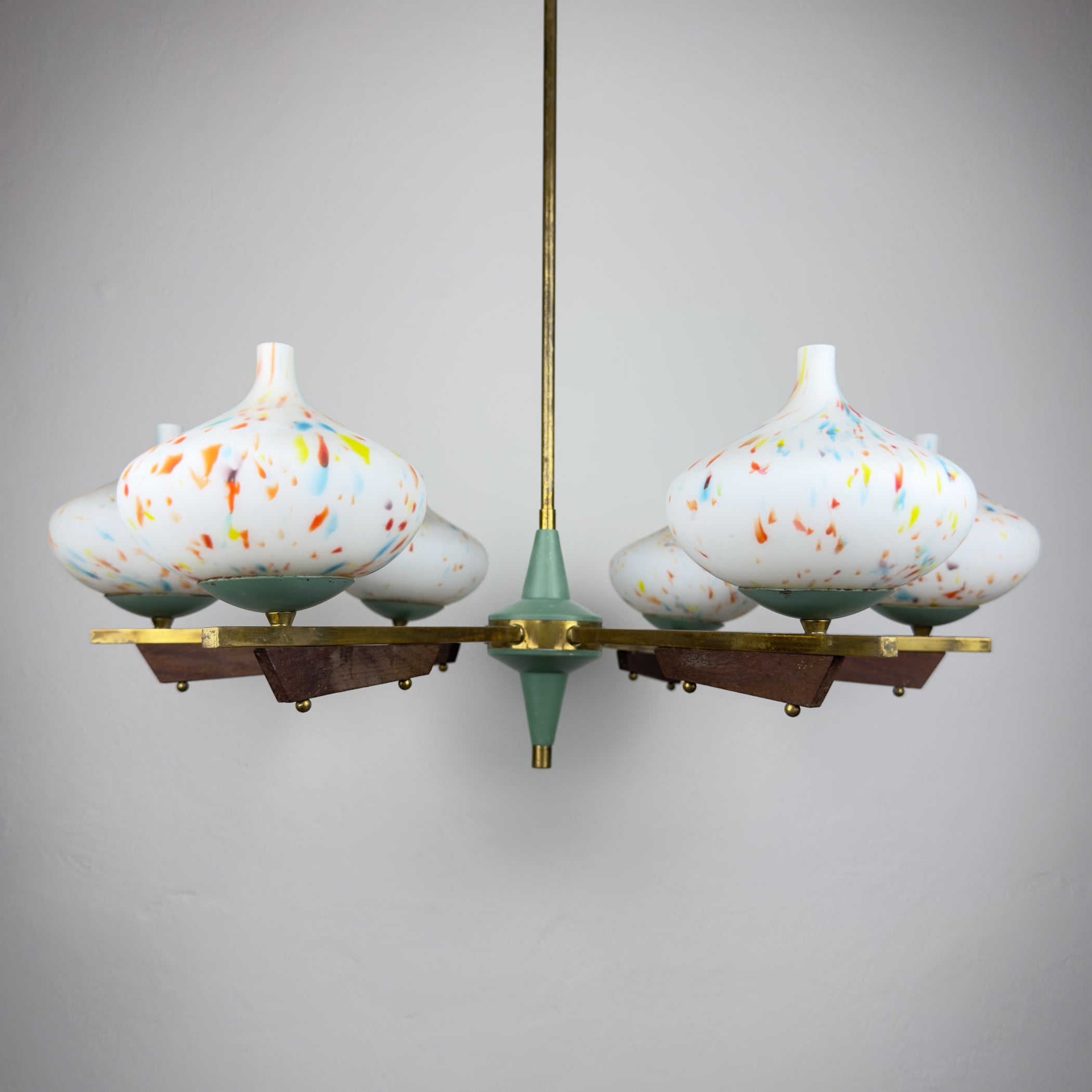Mid-Century Stilnovo chandelier with teak and Murano Glass, Italy 1940-50s