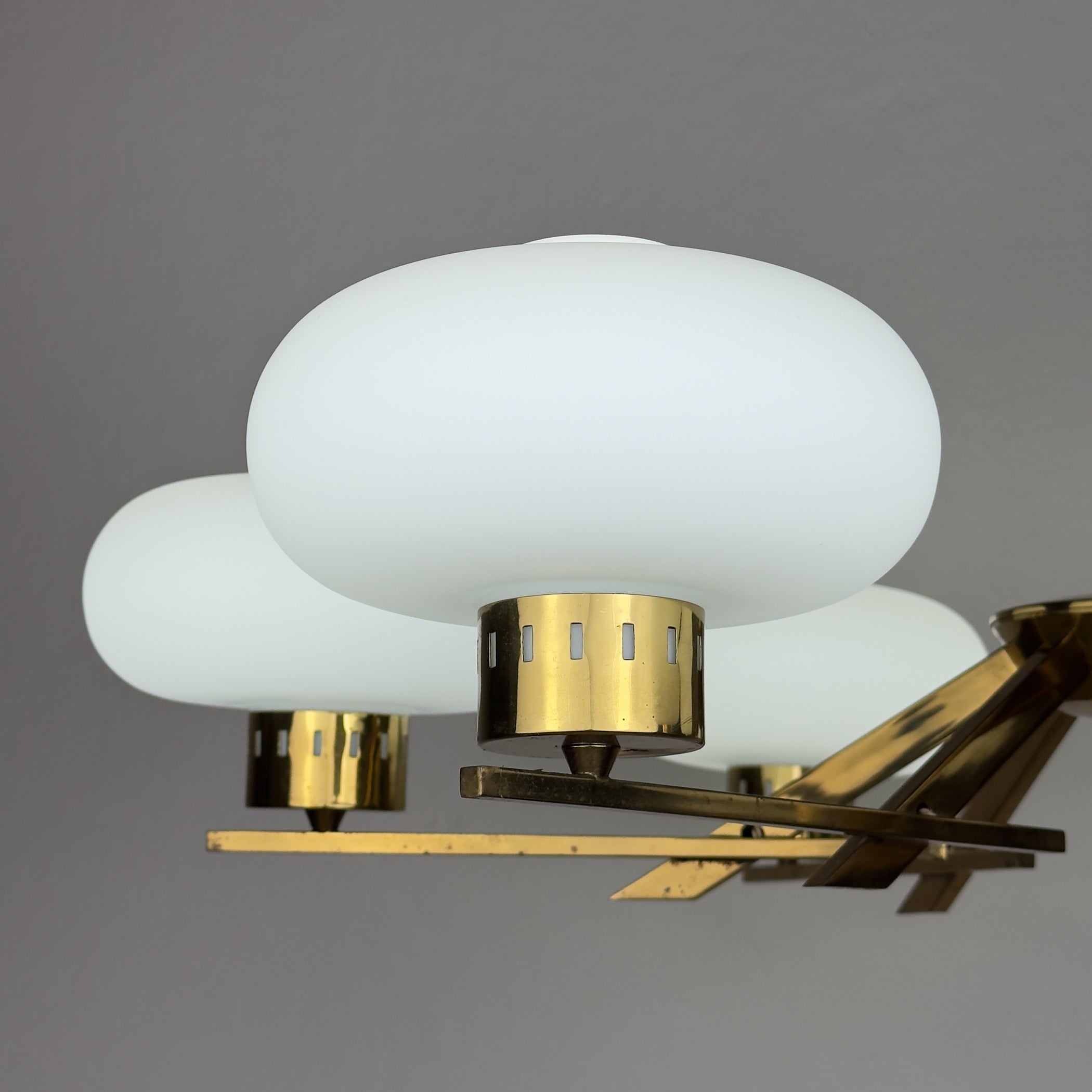 Mid-Century Stilnovo Chandelier with Brass and Opaline Glass, Italy 1970s