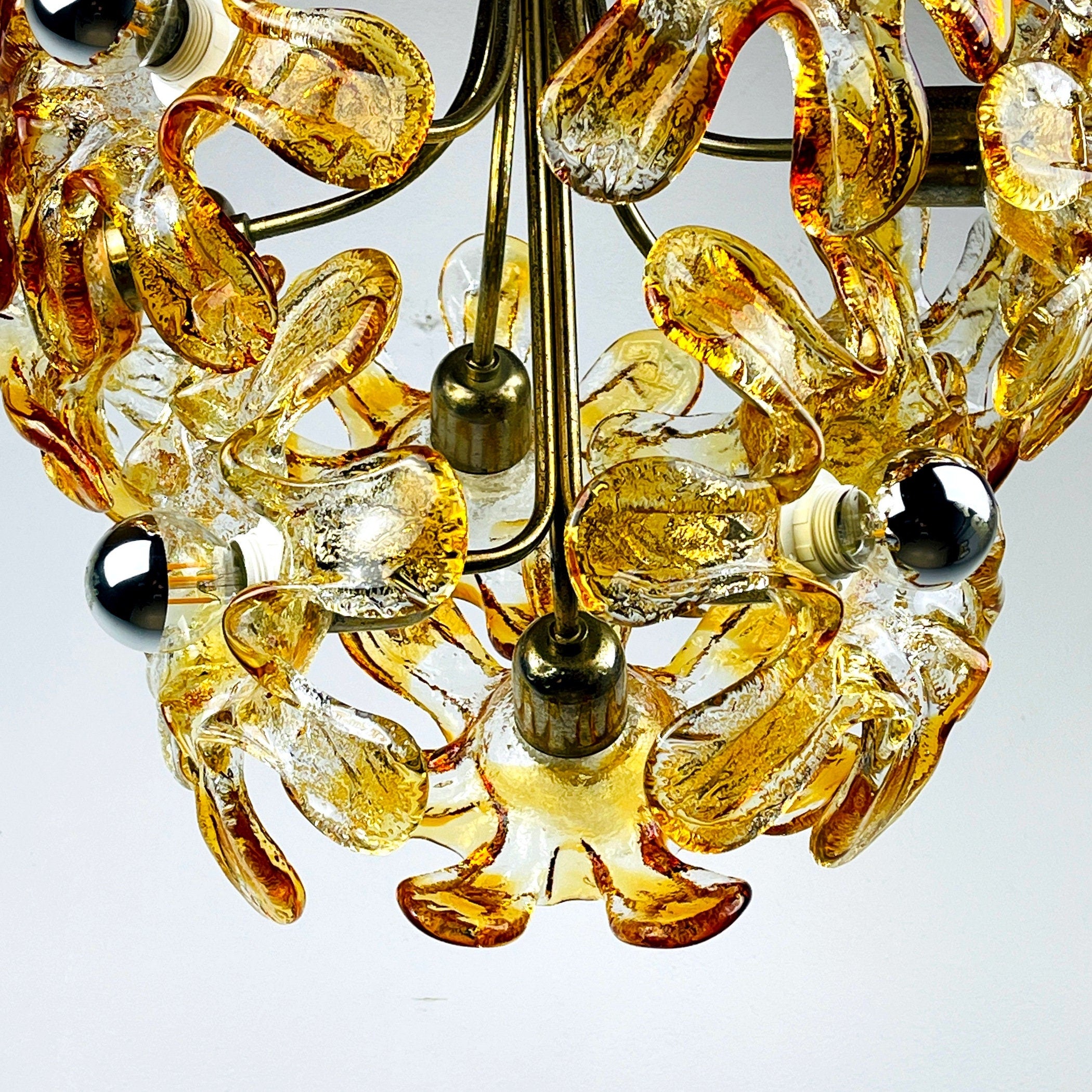 Vintage Amber Murano Glass Flower Chandelier - Mazzega Italian Lighting