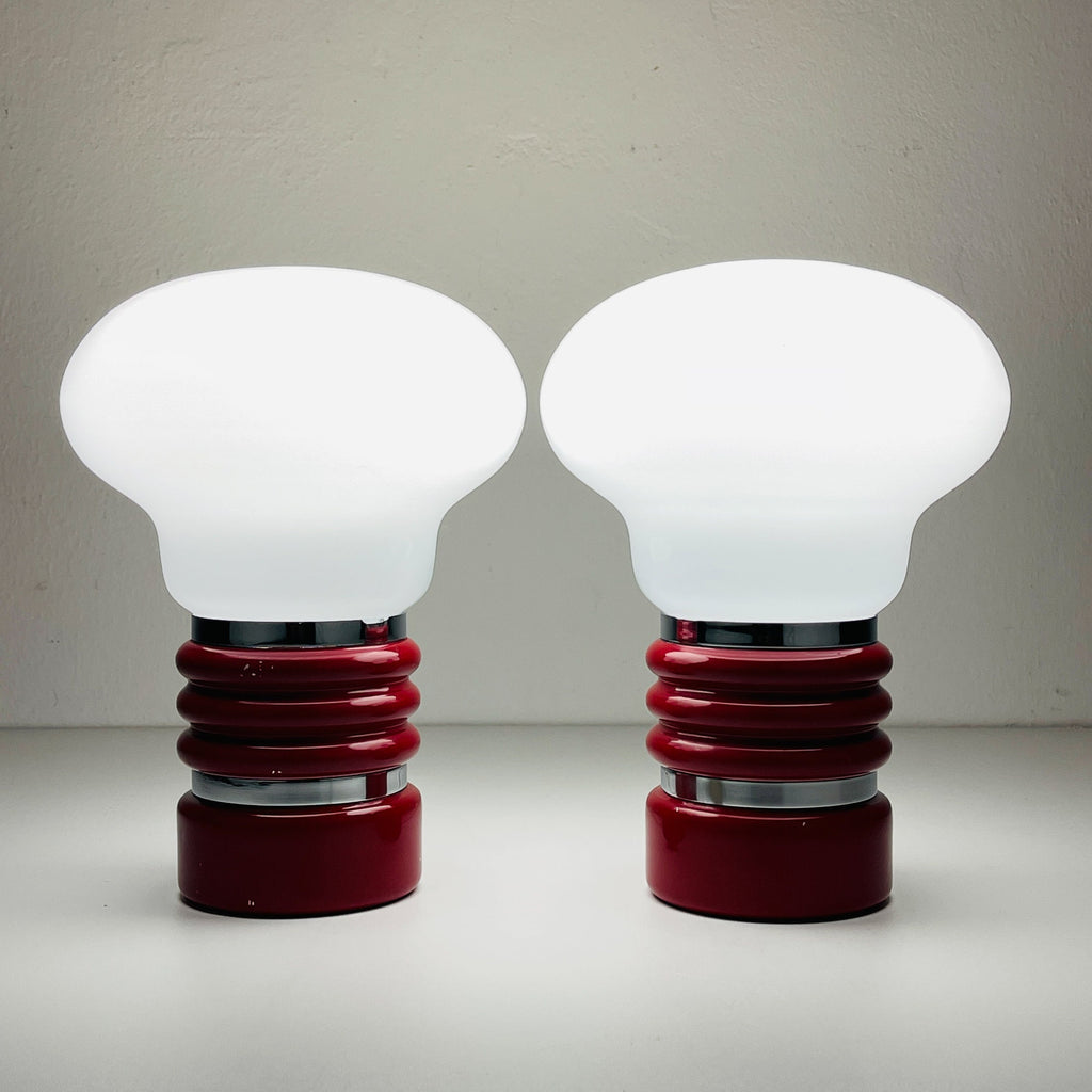 Vintage Enrico Tronconi Bulb Lamps: Red Enamel & Opaline Glass, Set of 2