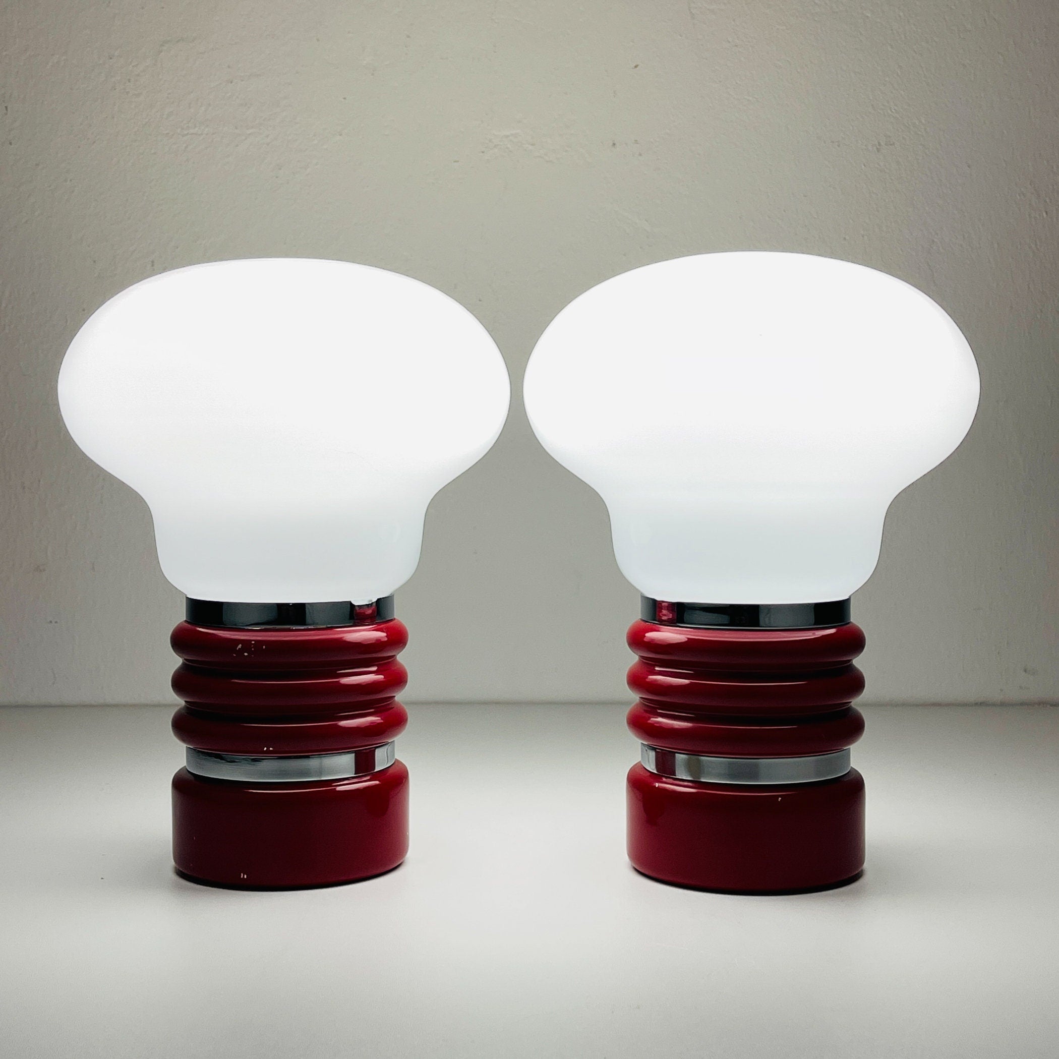 Vintage Enrico Tronconi Bulb Lamps: Red Enamel & Opaline Glass, Set of 2