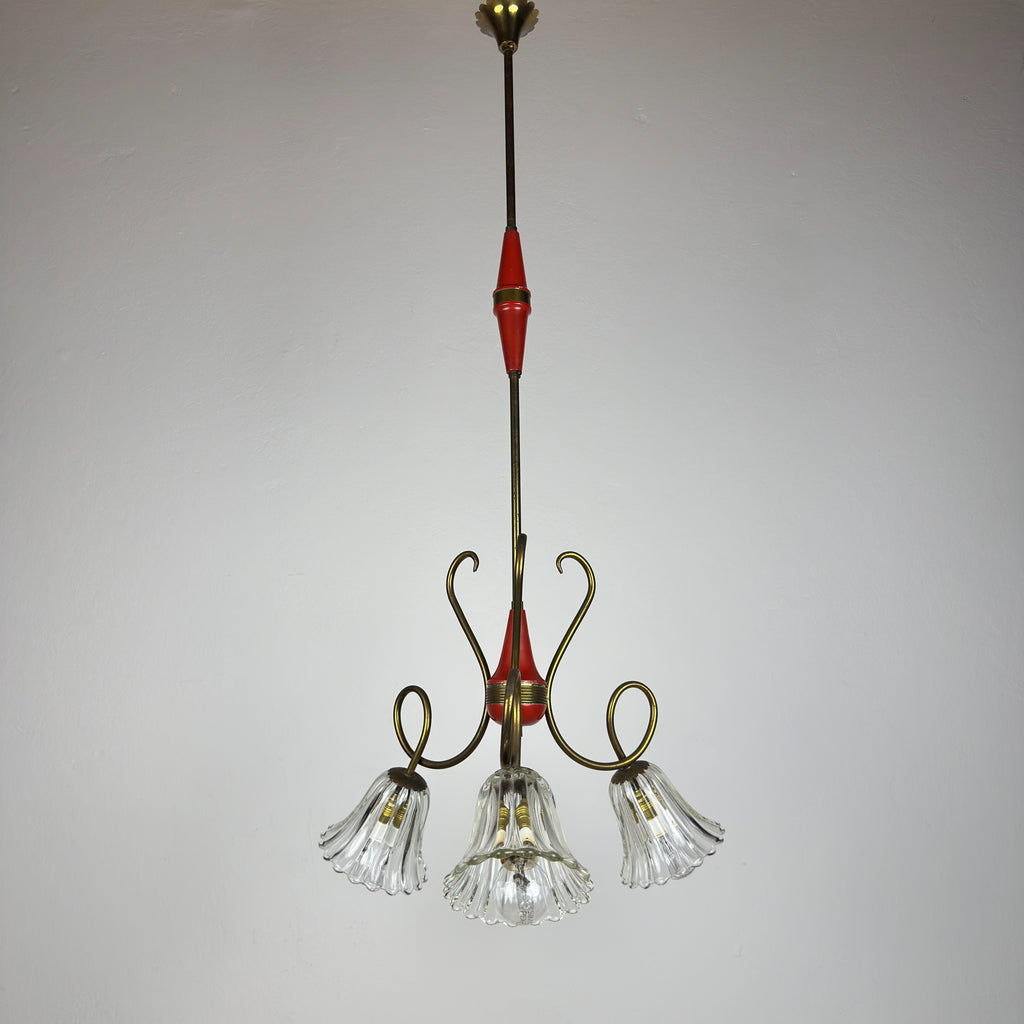 Vintage murano glass and brass chandelier, Italy 1950s
