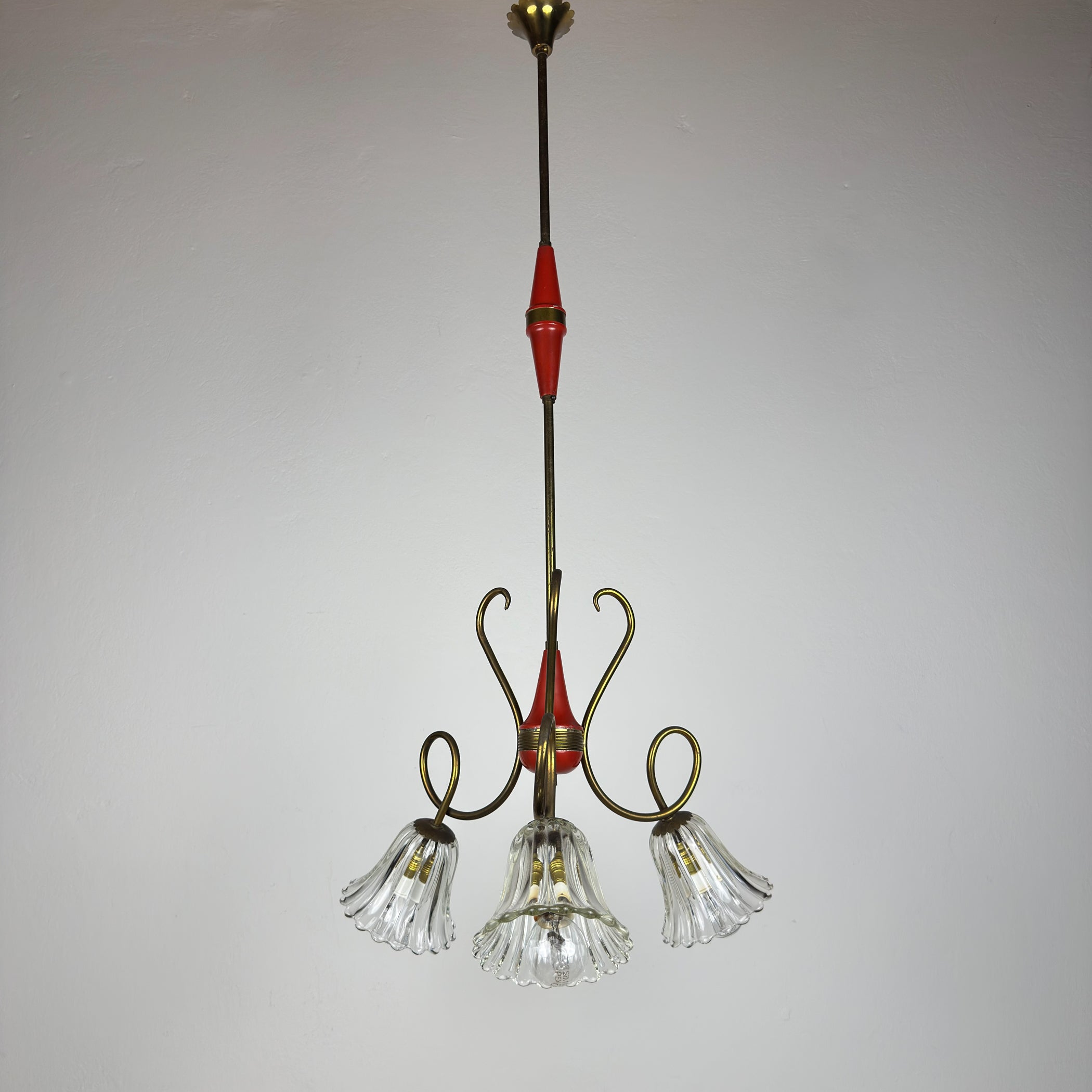 Vintage murano glass and brass chandelier, Italy 1950s