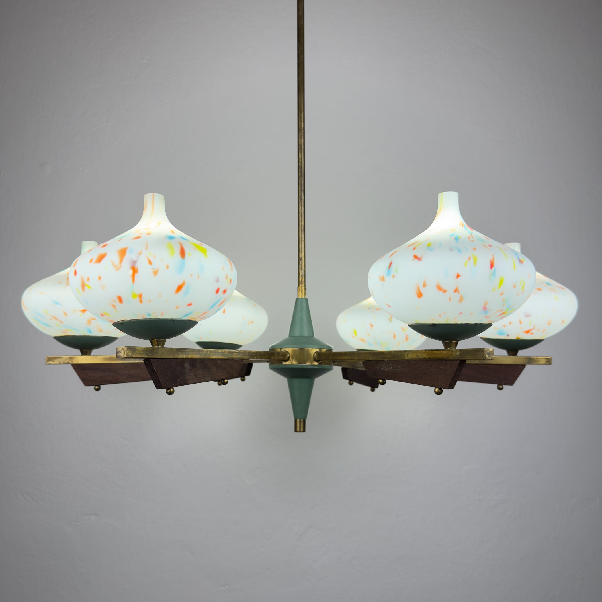 Mid-Century Stilnovo chandelier with teak and Murano Glass, Italy 1940-50s