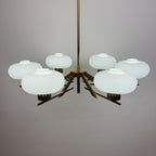 Mid-Century Stilnovo Chandelier with Brass and Opaline Glass, Italy 1970s