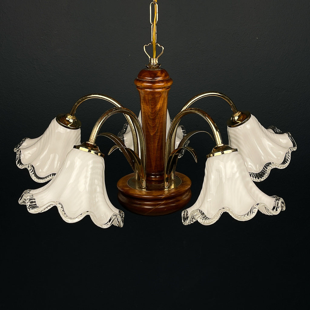 Vintage murano glass and wood chandelier Italy 1970s