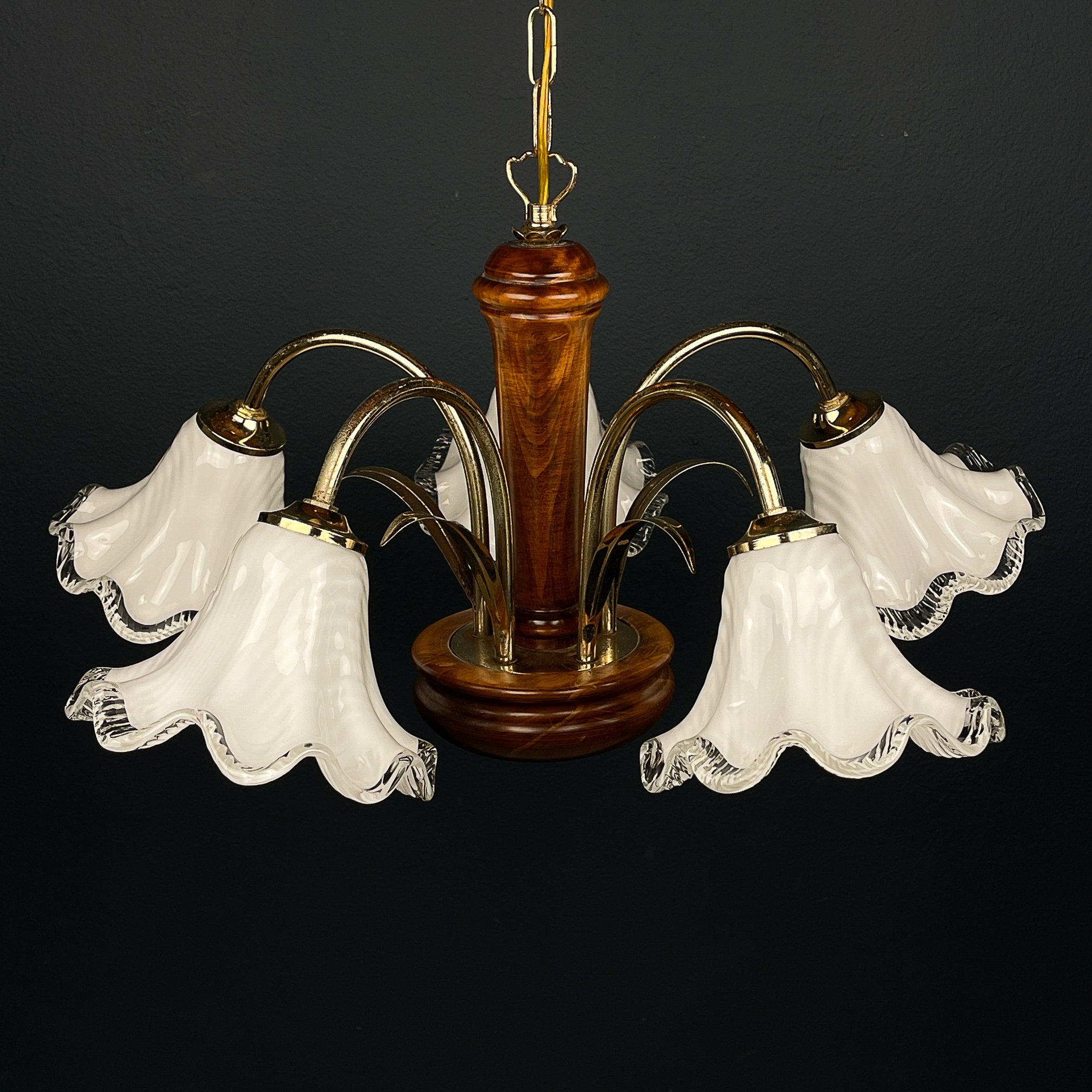Vintage murano glass and wood chandelier Italy 1970s