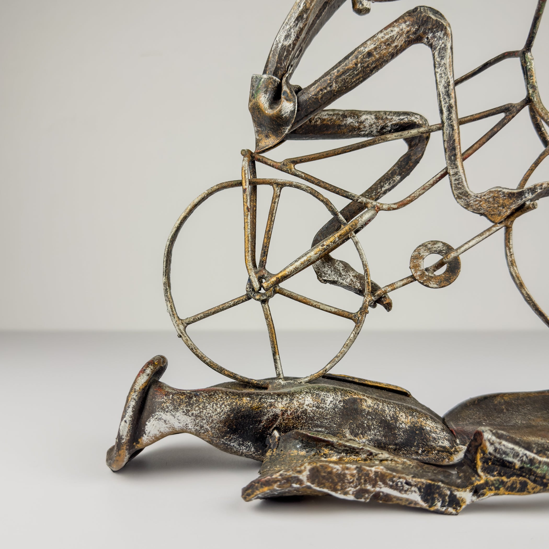 Vintage metal Brutalist sculpture Bicyclist by Salvino Marsura, Italy 1980s