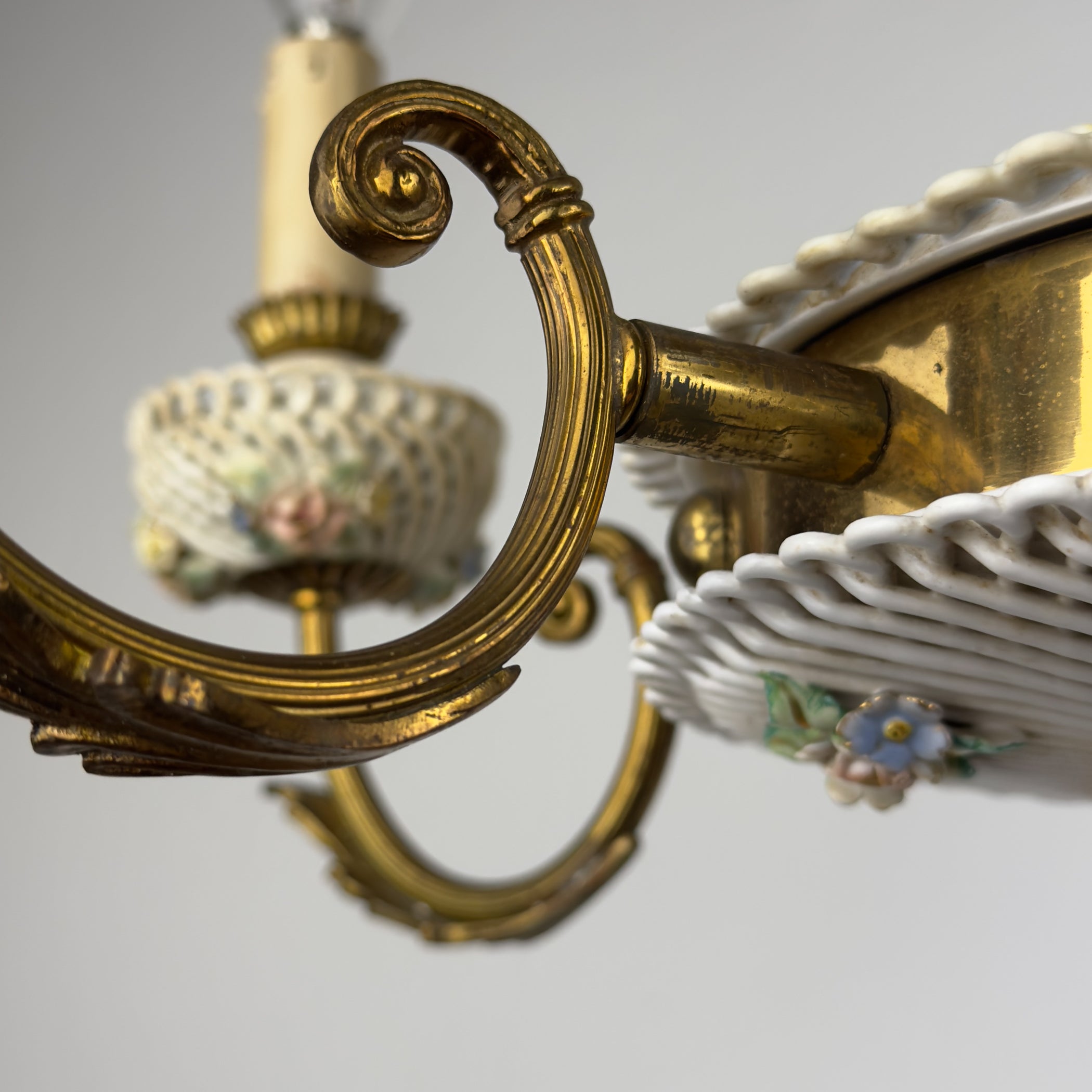 Vintage Art Nouveau Capodimonte Chandelier: Floral Porcelain Lamp, 1930s