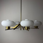 Mid-Century Stilnovo Chandelier with Brass and Opaline Glass, Italy 1970s