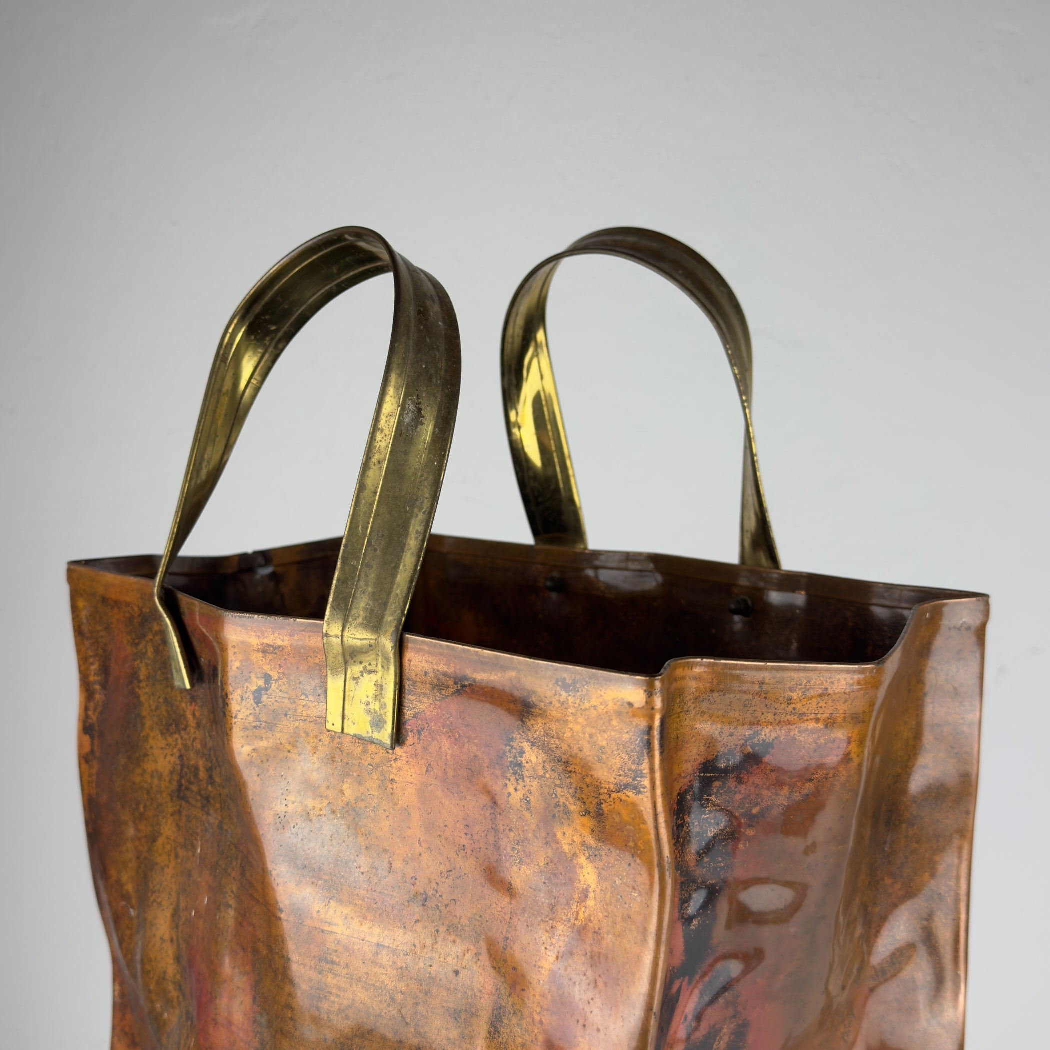 Vintage Copper Magazine Rack "Shopper Bag" with Brass Handles, Italy 1970s
