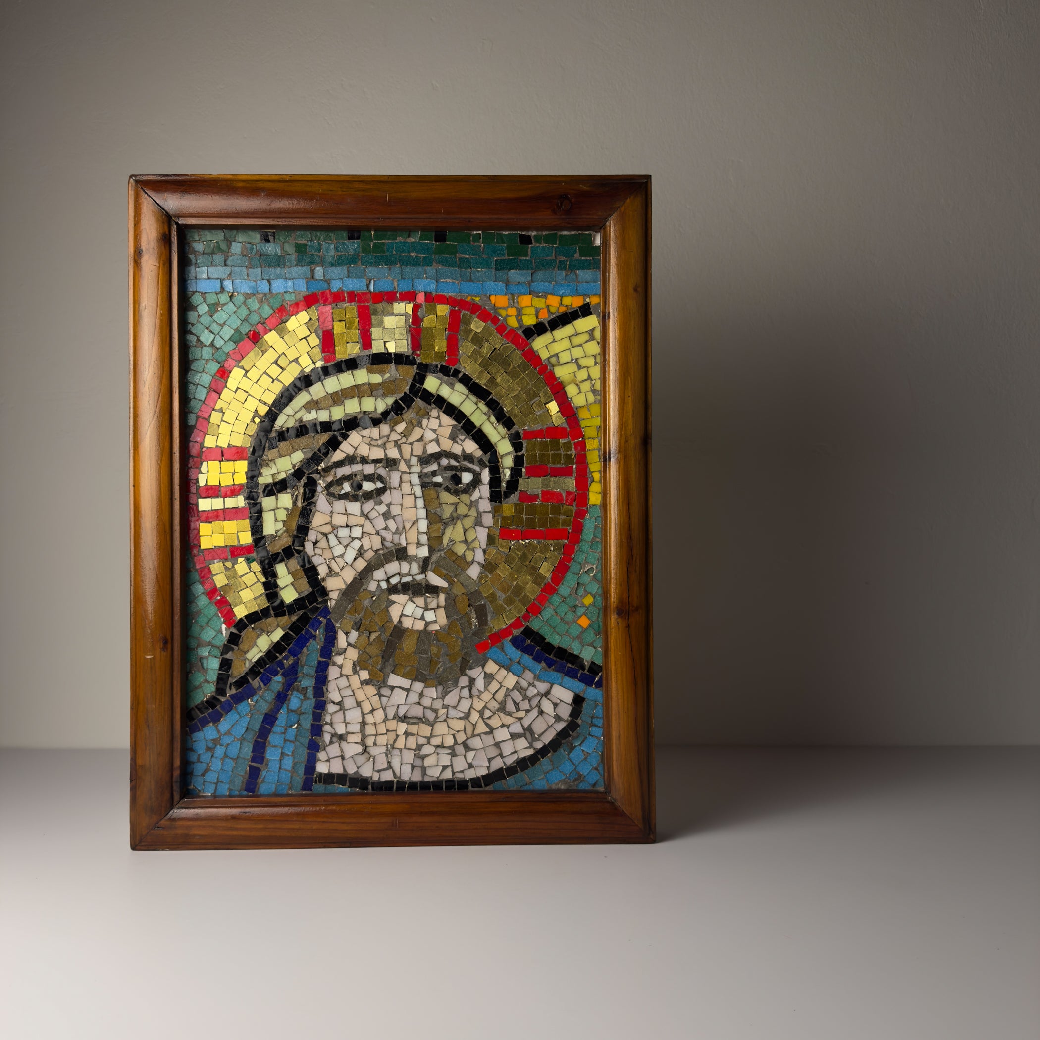 Italian Glass Smalti Mosaic – Christ Pantocrator Icon, Mid-20th Century
