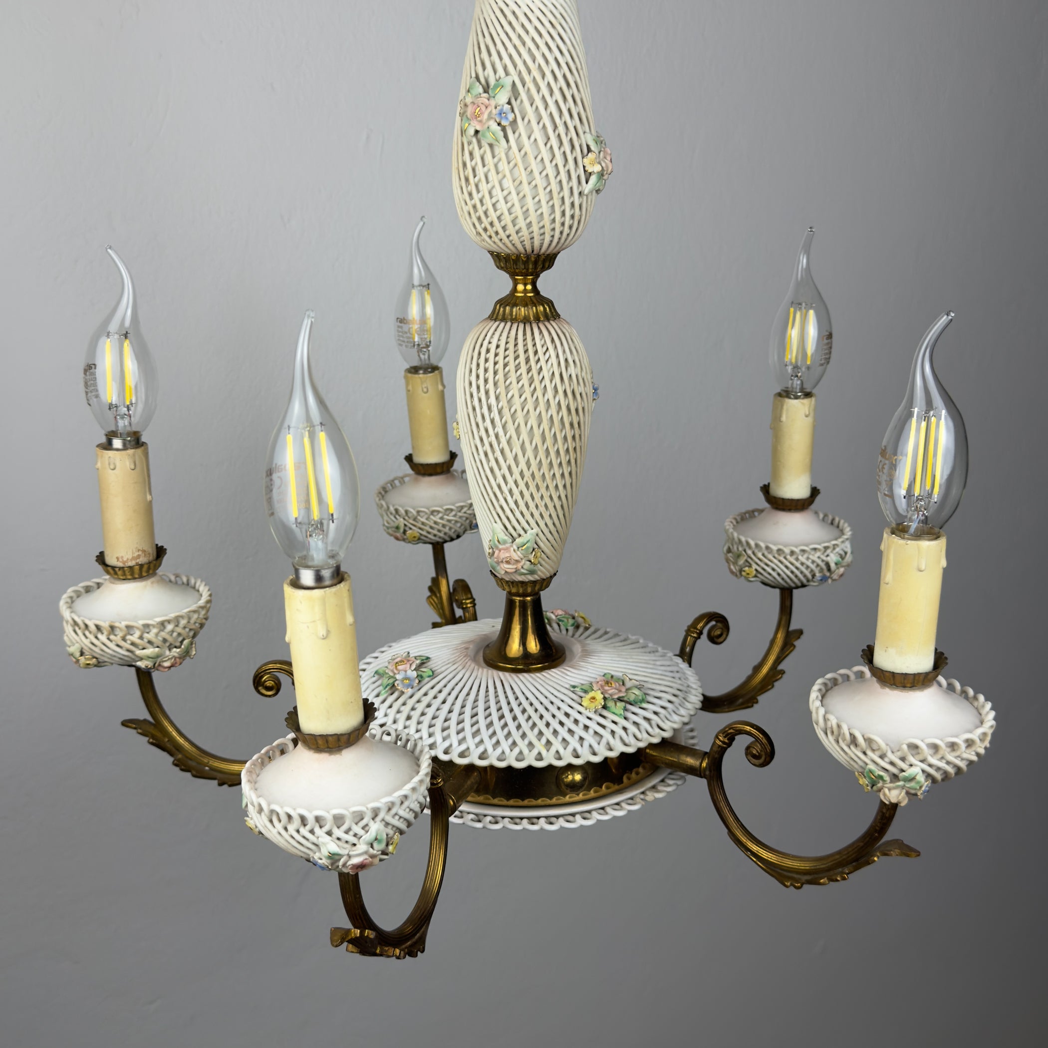Vintage Art Nouveau Capodimonte Chandelier: Floral Porcelain Lamp, 1930s
