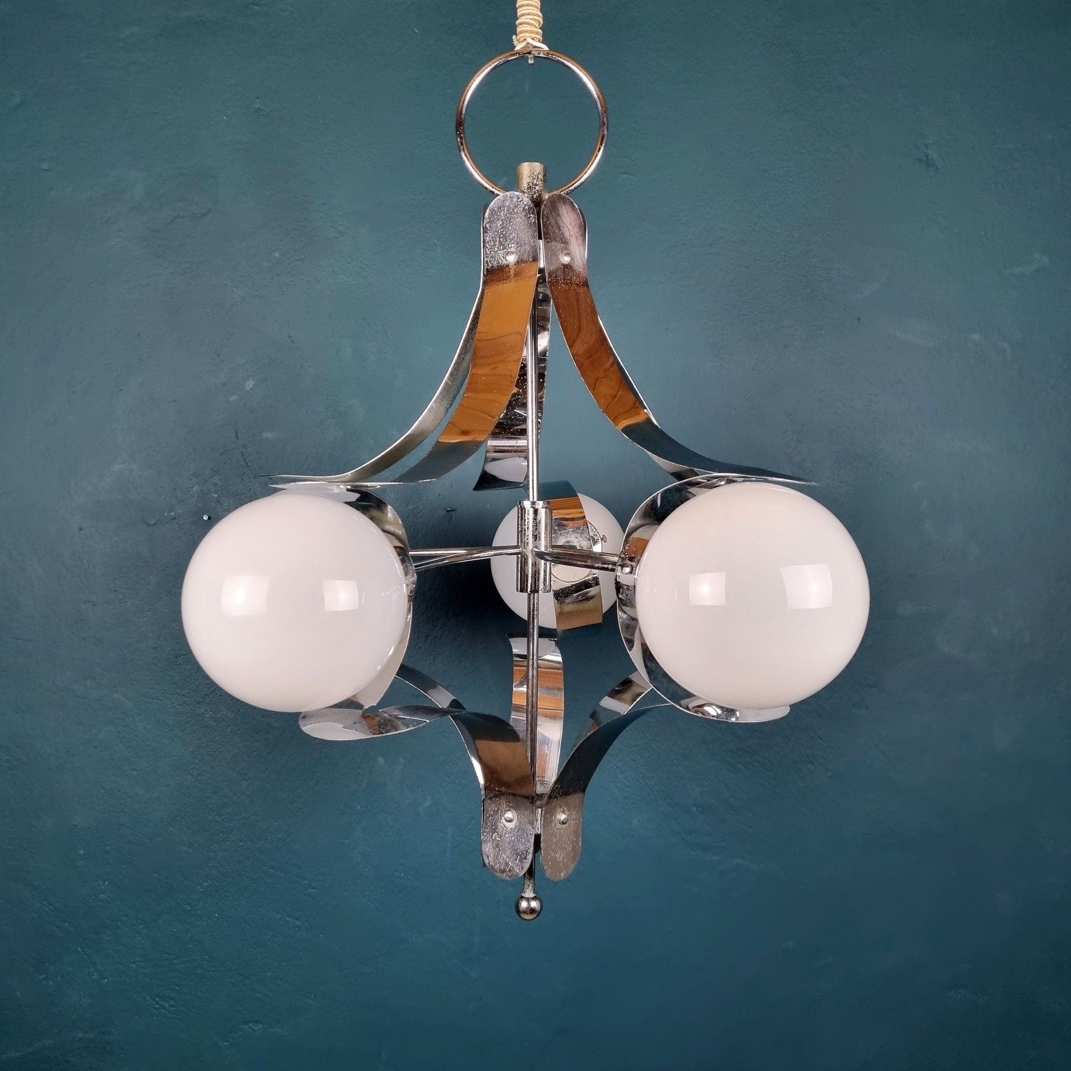 Mid-century metal opaline glass Italy 1960s Sputnik Space age Vintage italian lighting