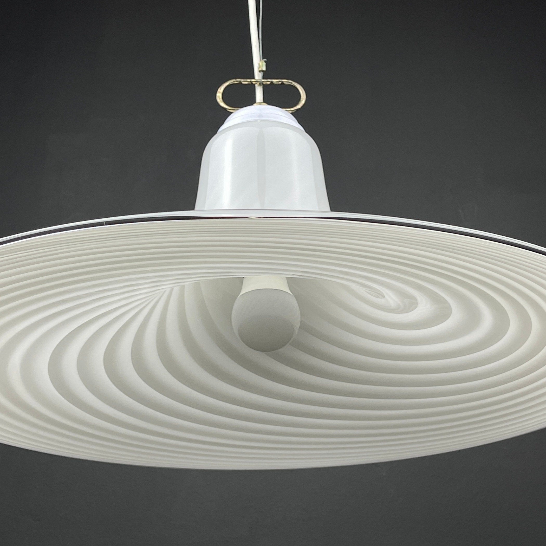 Vintage Murano Glass Pendant Lamp: Swirl White Mid-Century Lighting