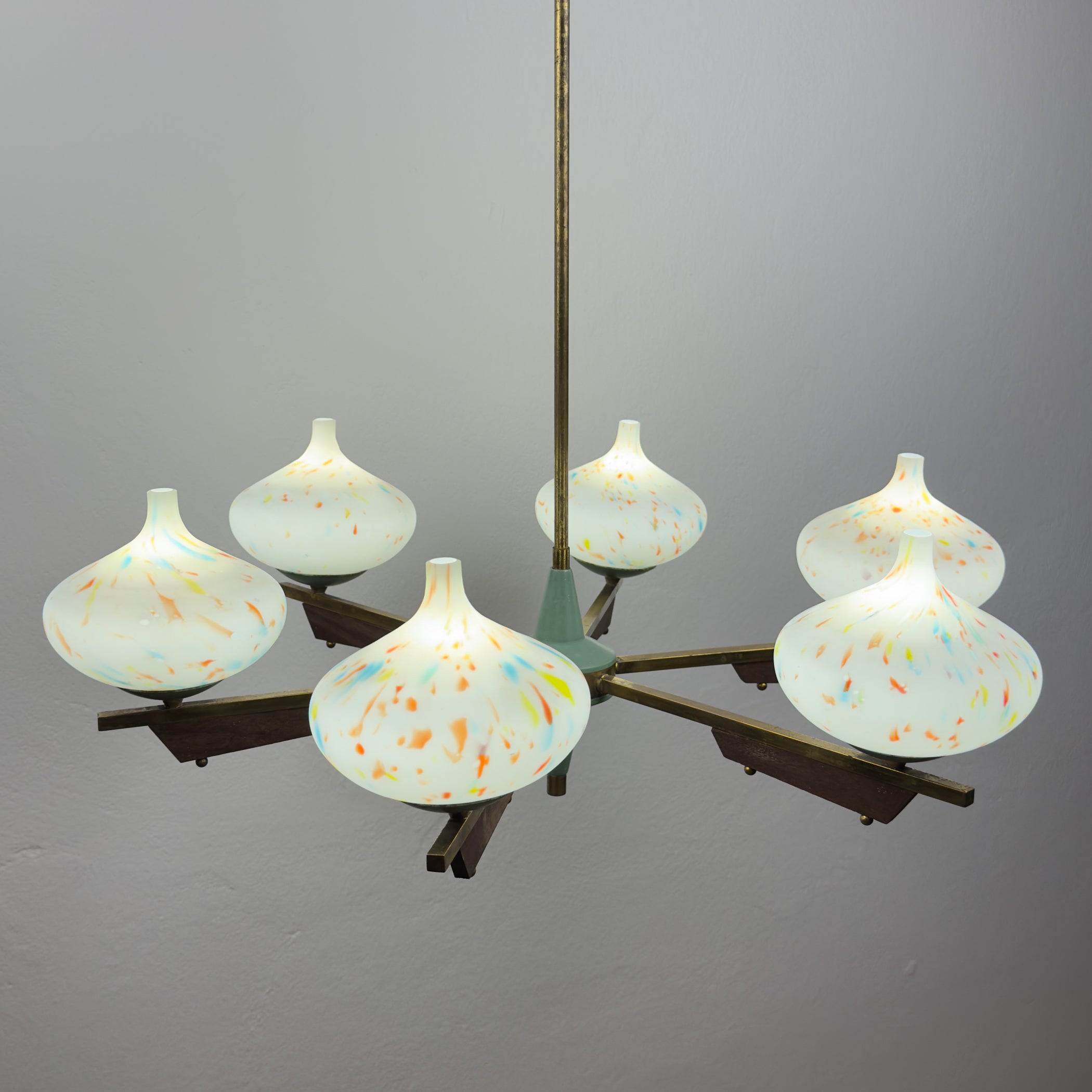 Mid-Century Stilnovo chandelier with teak and Murano Glass, Italy 1940-50s