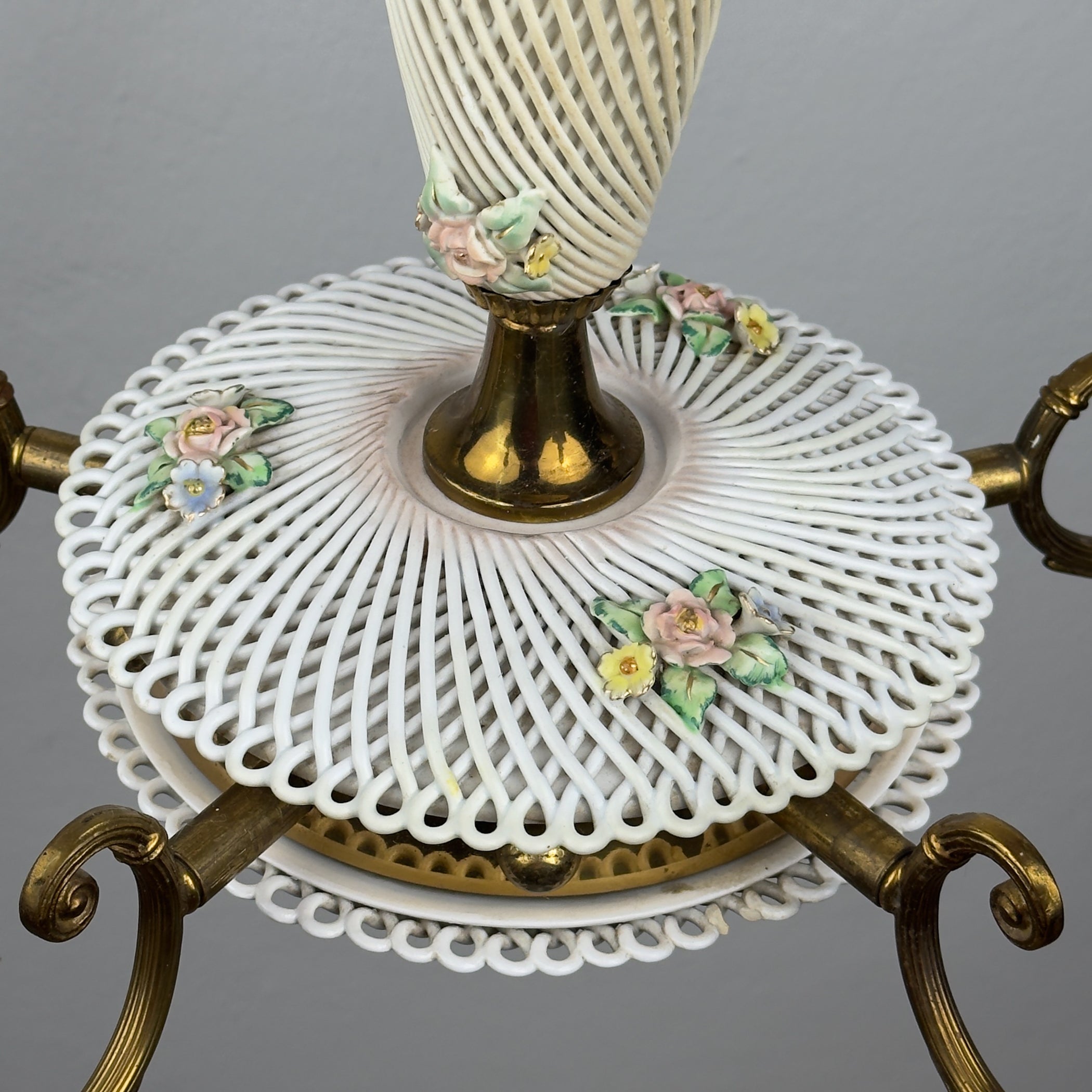 Vintage Art Nouveau Capodimonte Chandelier: Floral Porcelain Lamp, 1930s