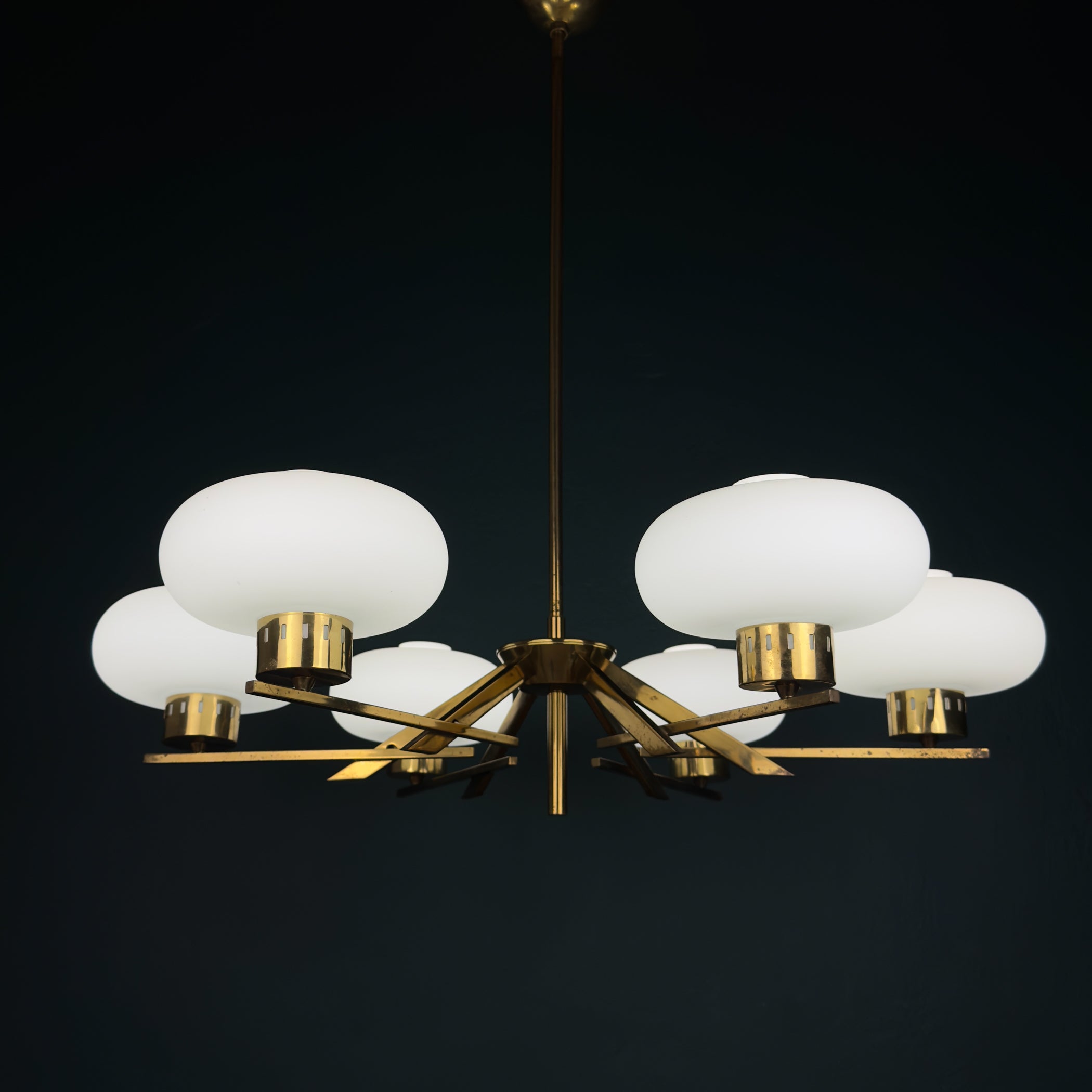 Mid-Century Stilnovo Chandelier with Brass and Opaline Glass, Italy 1970s