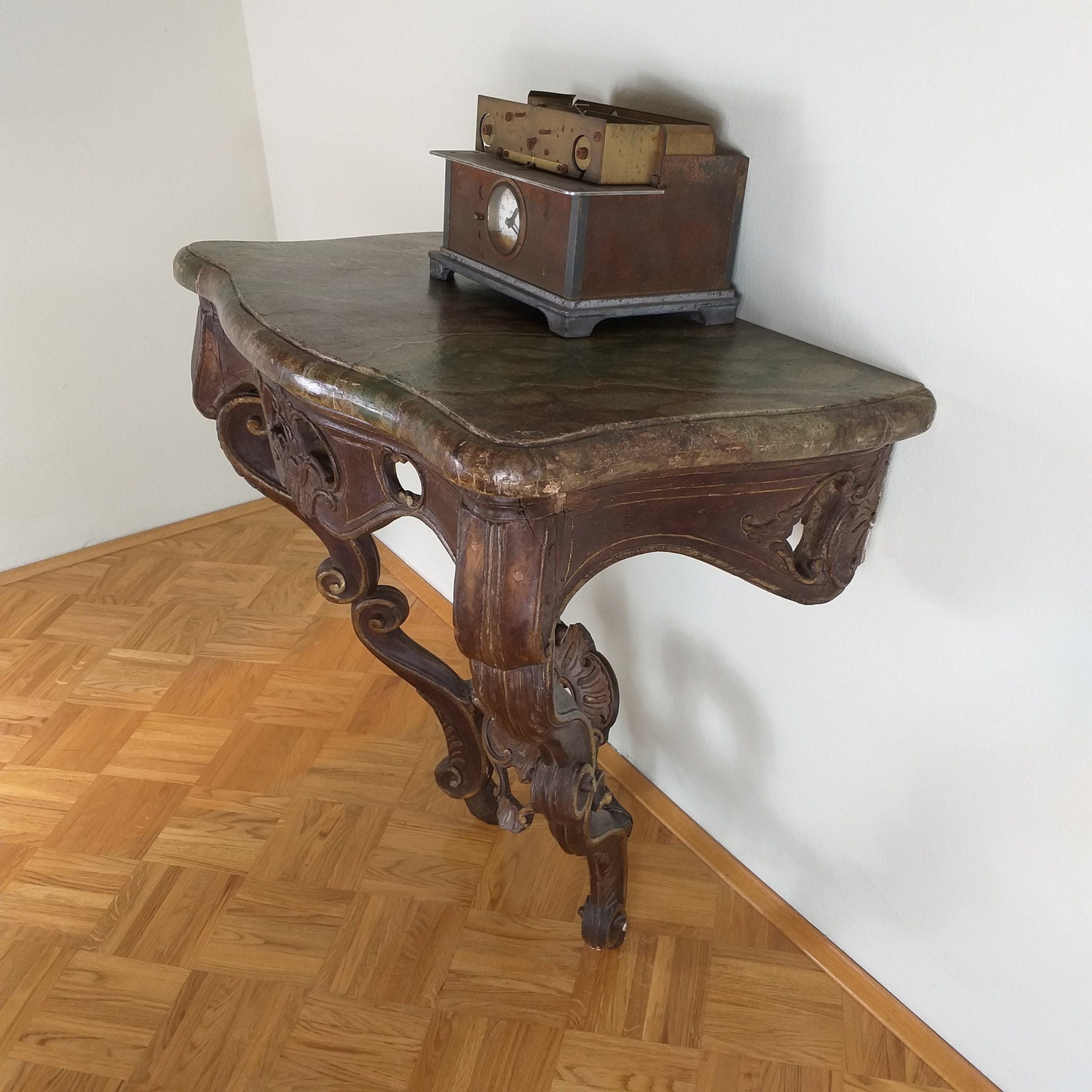 Antique old church console table 19th century Germany Original decorative wood carving Baroque