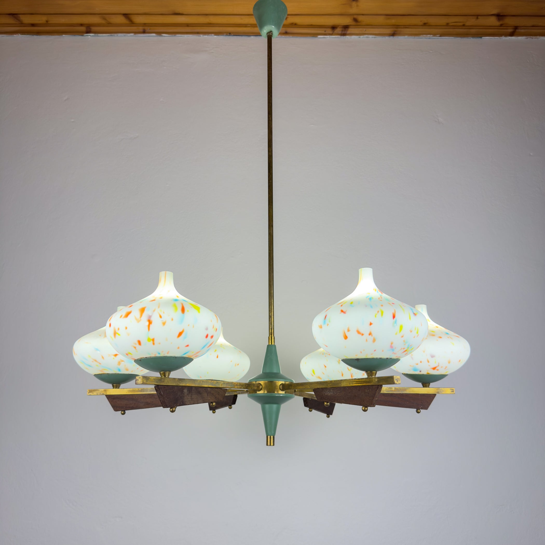 Mid-Century Stilnovo chandelier with teak and Murano Glass, Italy 1940-50s
