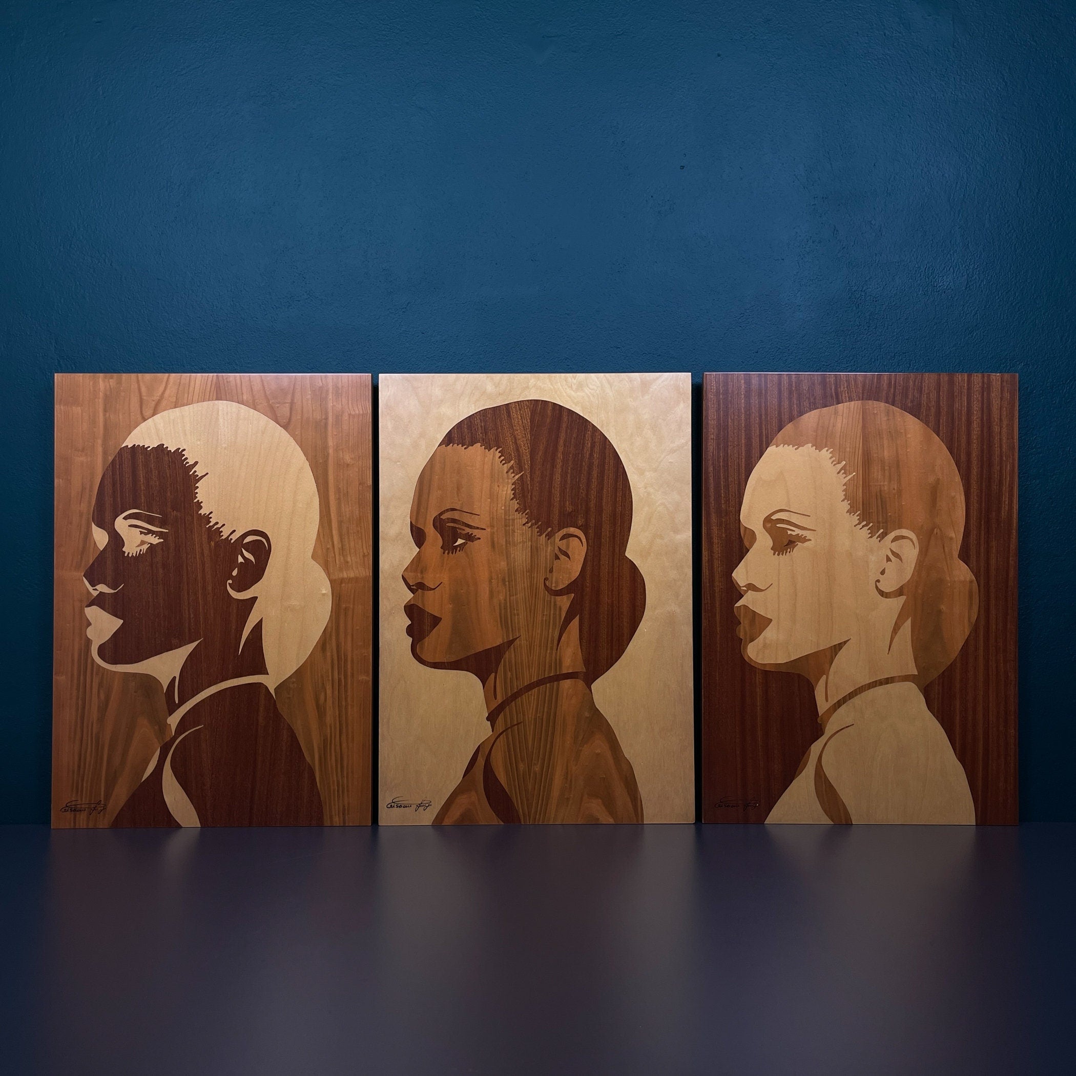 Triptych wooden painting "Mulatto" by Criscione Luige, Italy 1985s, Vintage home decor