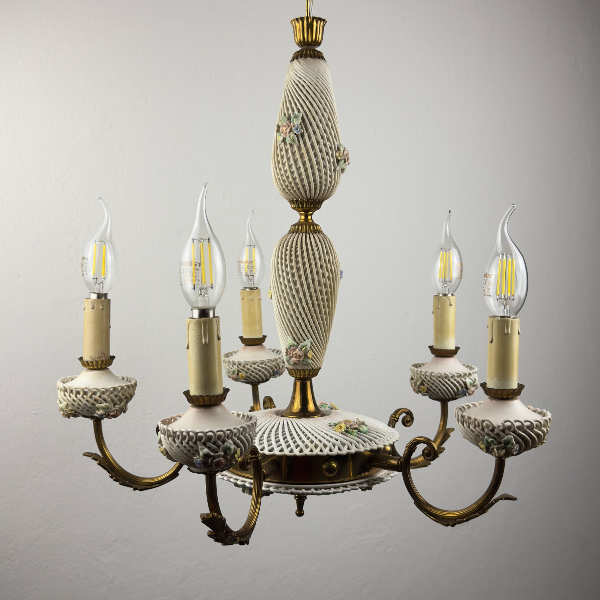 Vintage Art Nouveau Capodimonte Chandelier: Floral Porcelain Lamp, 1930s
