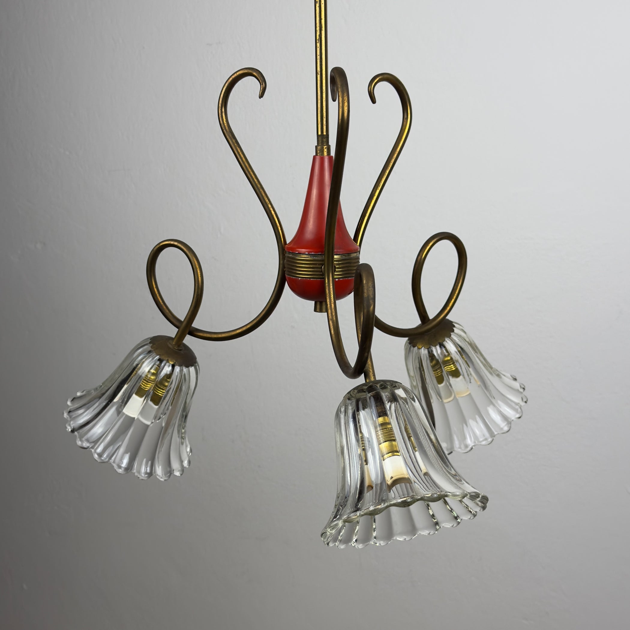Vintage murano glass and brass chandelier, Italy 1950s