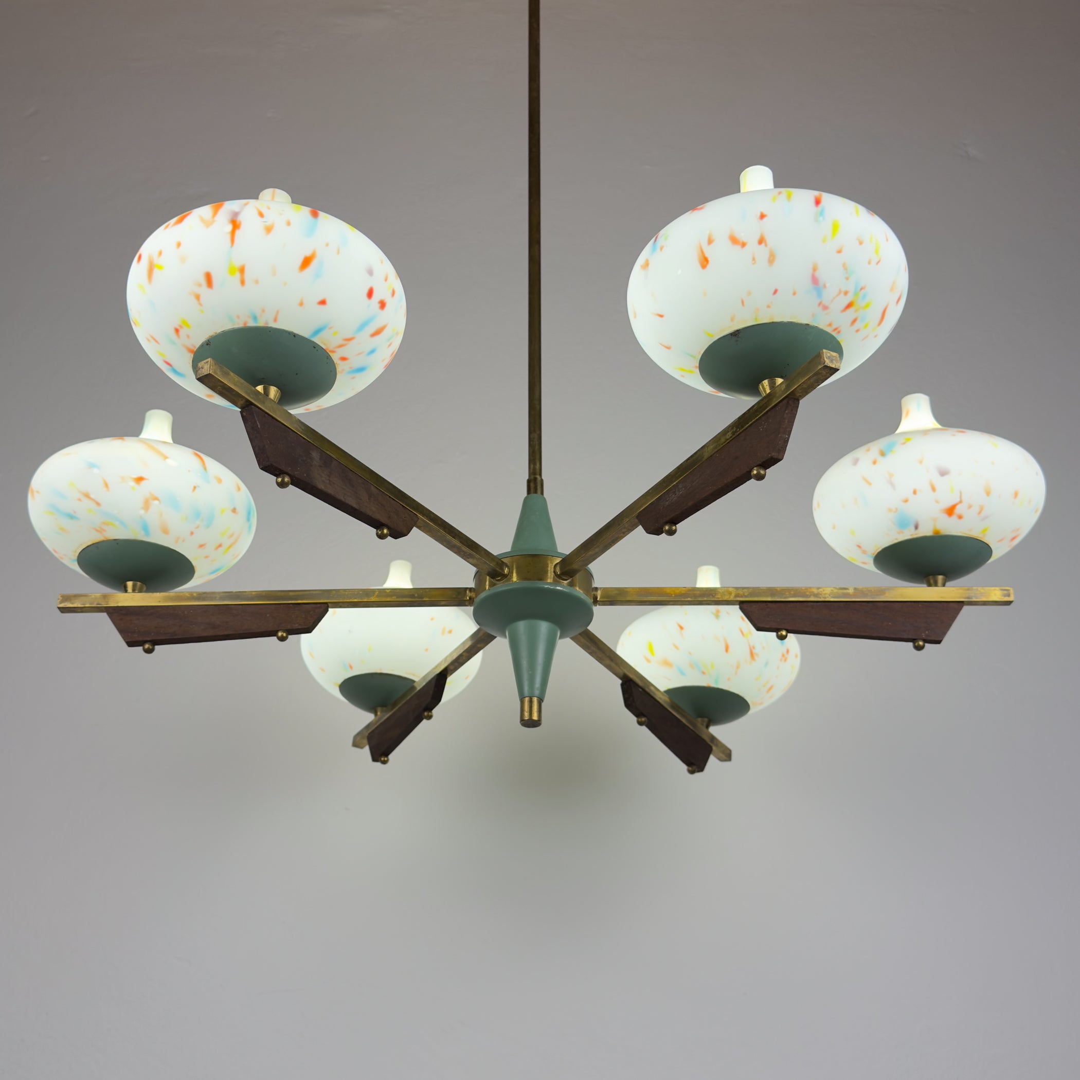 Mid-Century Stilnovo chandelier with teak and Murano Glass, Italy 1940-50s