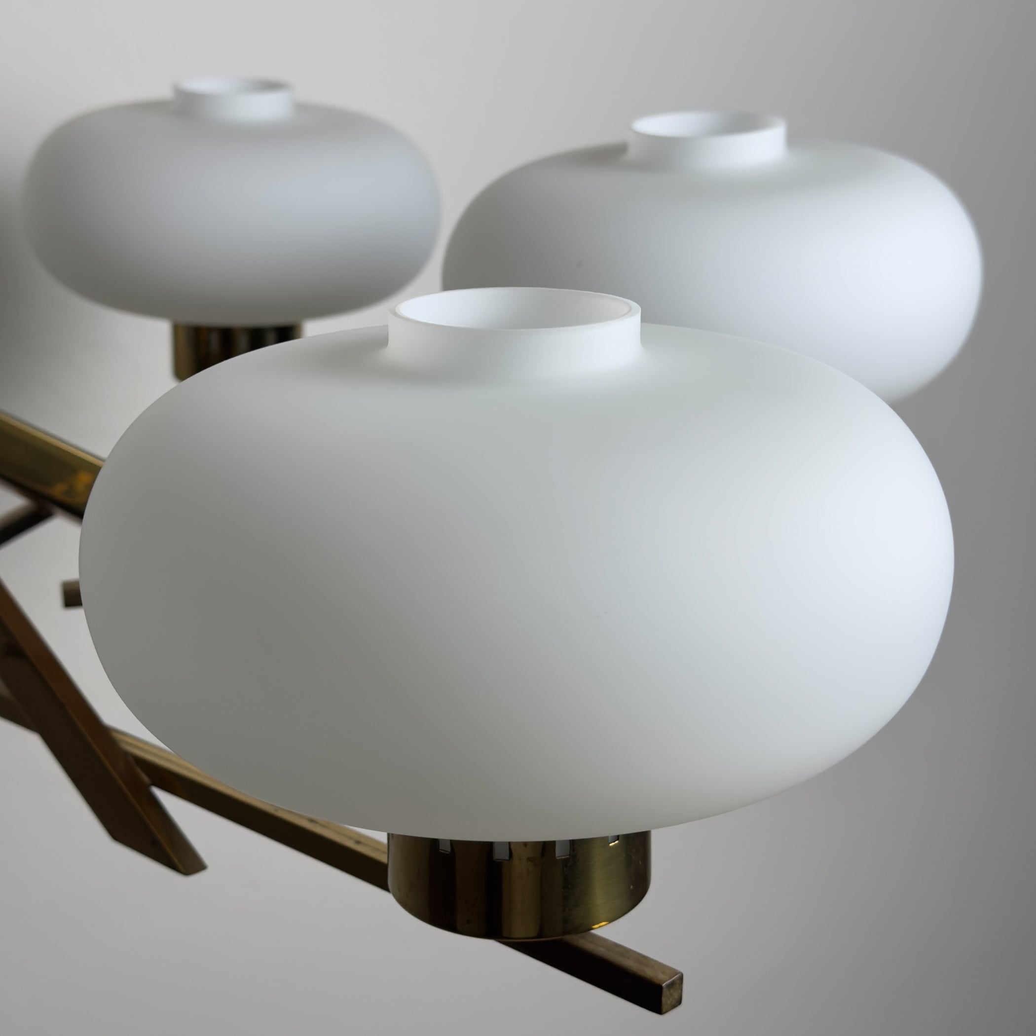 Mid-Century Stilnovo Chandelier with Brass and Opaline Glass, Italy 1970s