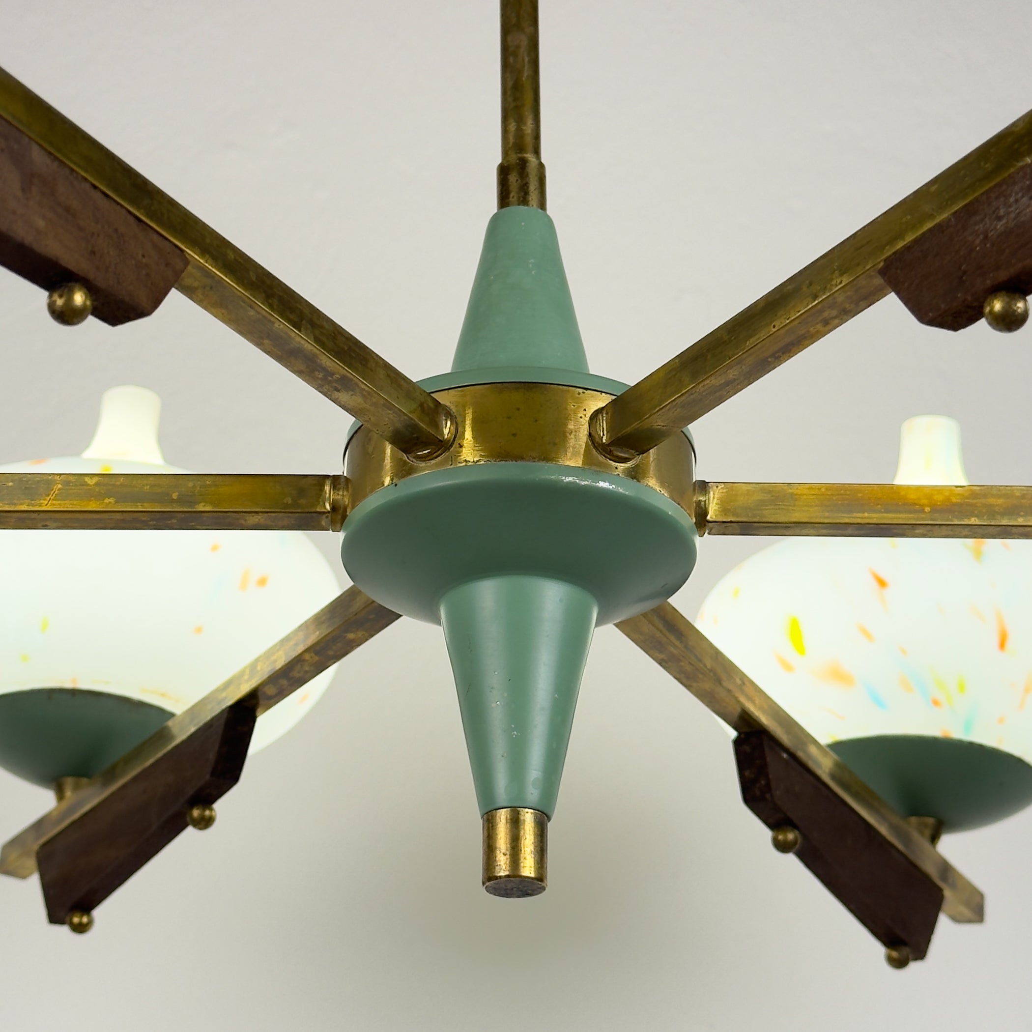 Mid-Century Stilnovo chandelier with teak and Murano Glass, Italy 1940-50s