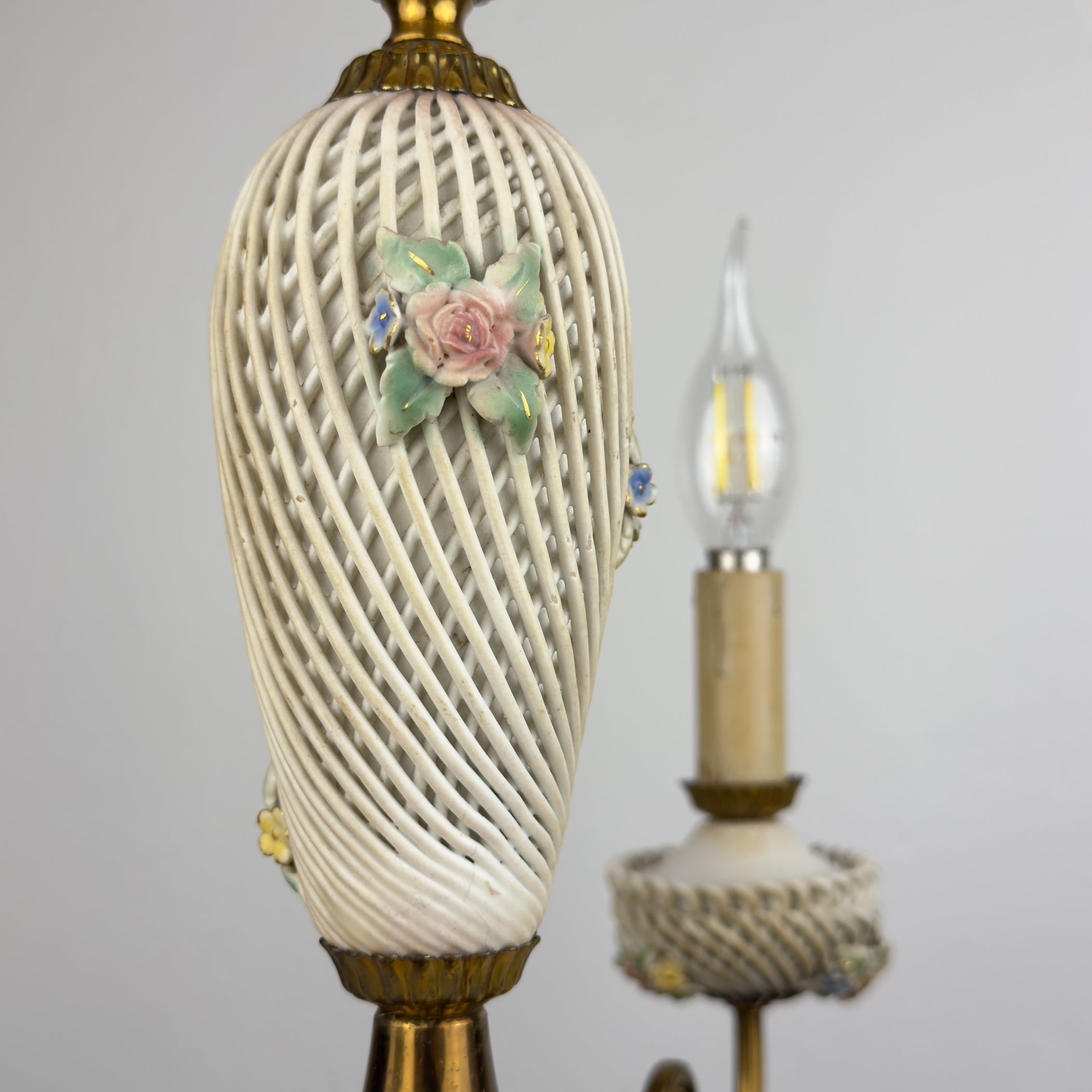 Vintage Art Nouveau Capodimonte Chandelier: Floral Porcelain Lamp, 1930s
