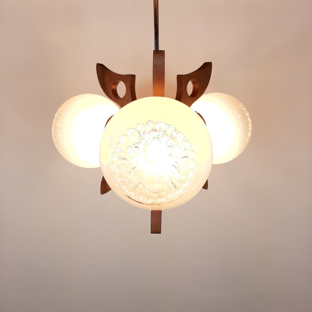 Retro Wood & Glass Chandelier: 70s Geometric Pendant Lamp