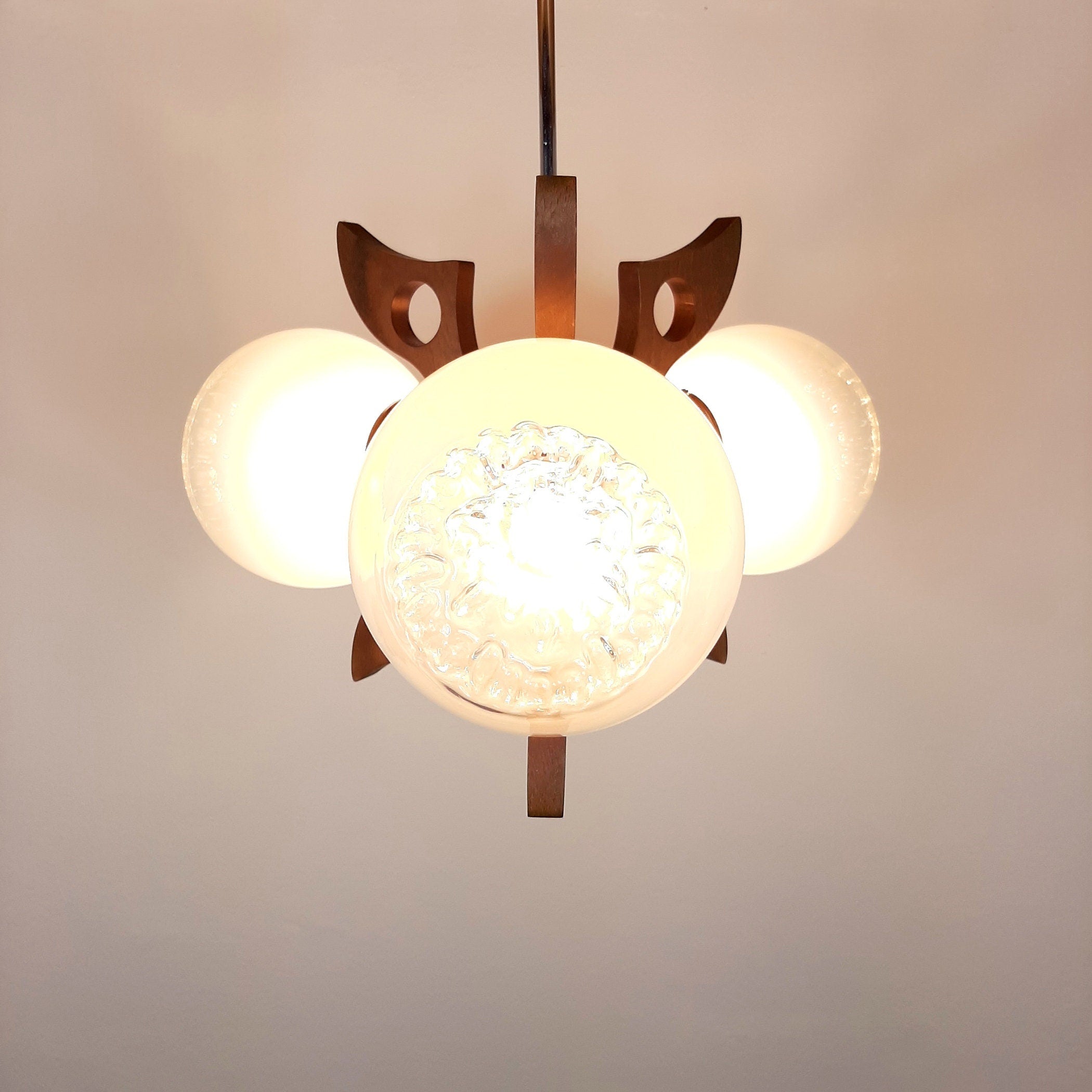 Retro Wood & Glass Chandelier: 70s Geometric Pendant Lamp