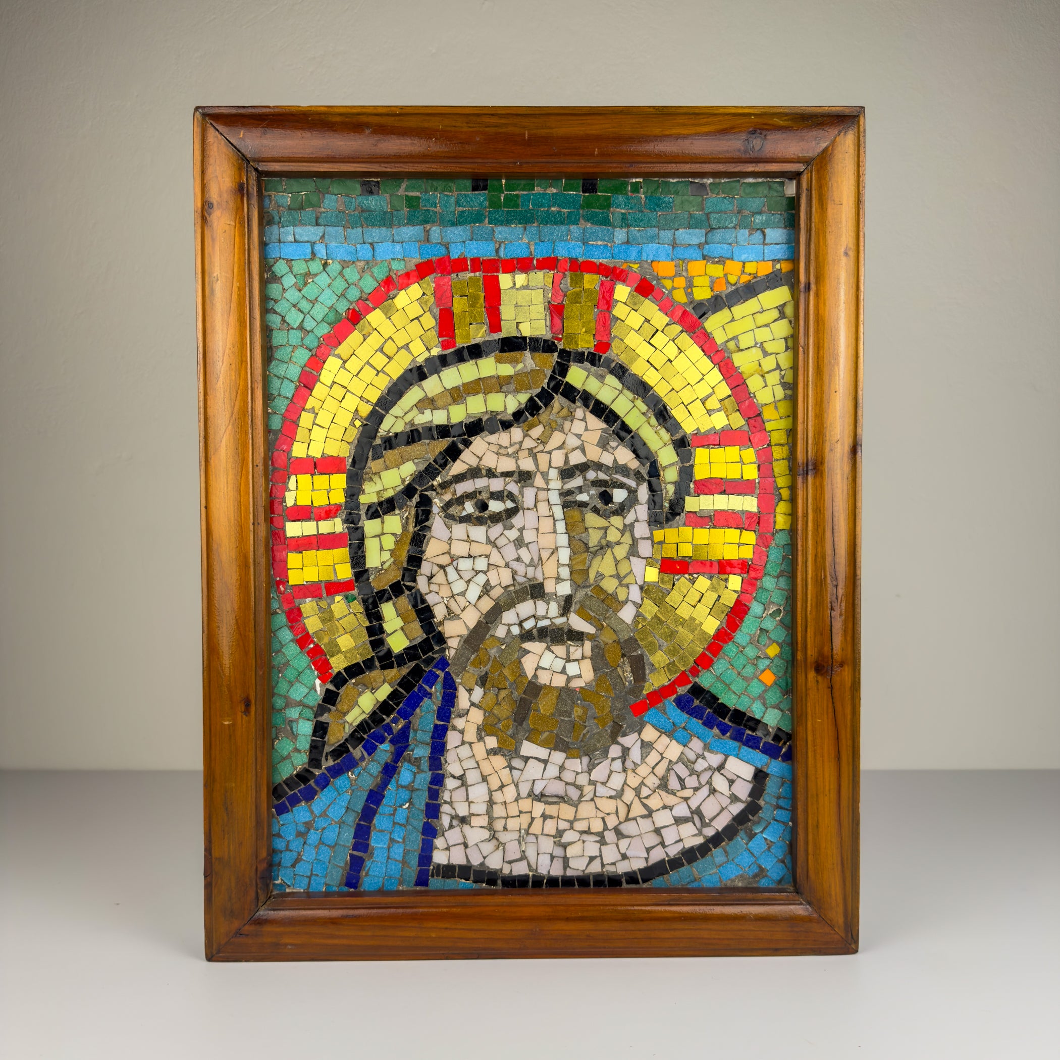 Italian Glass Smalti Mosaic – Christ Pantocrator Icon, Mid-20th Century