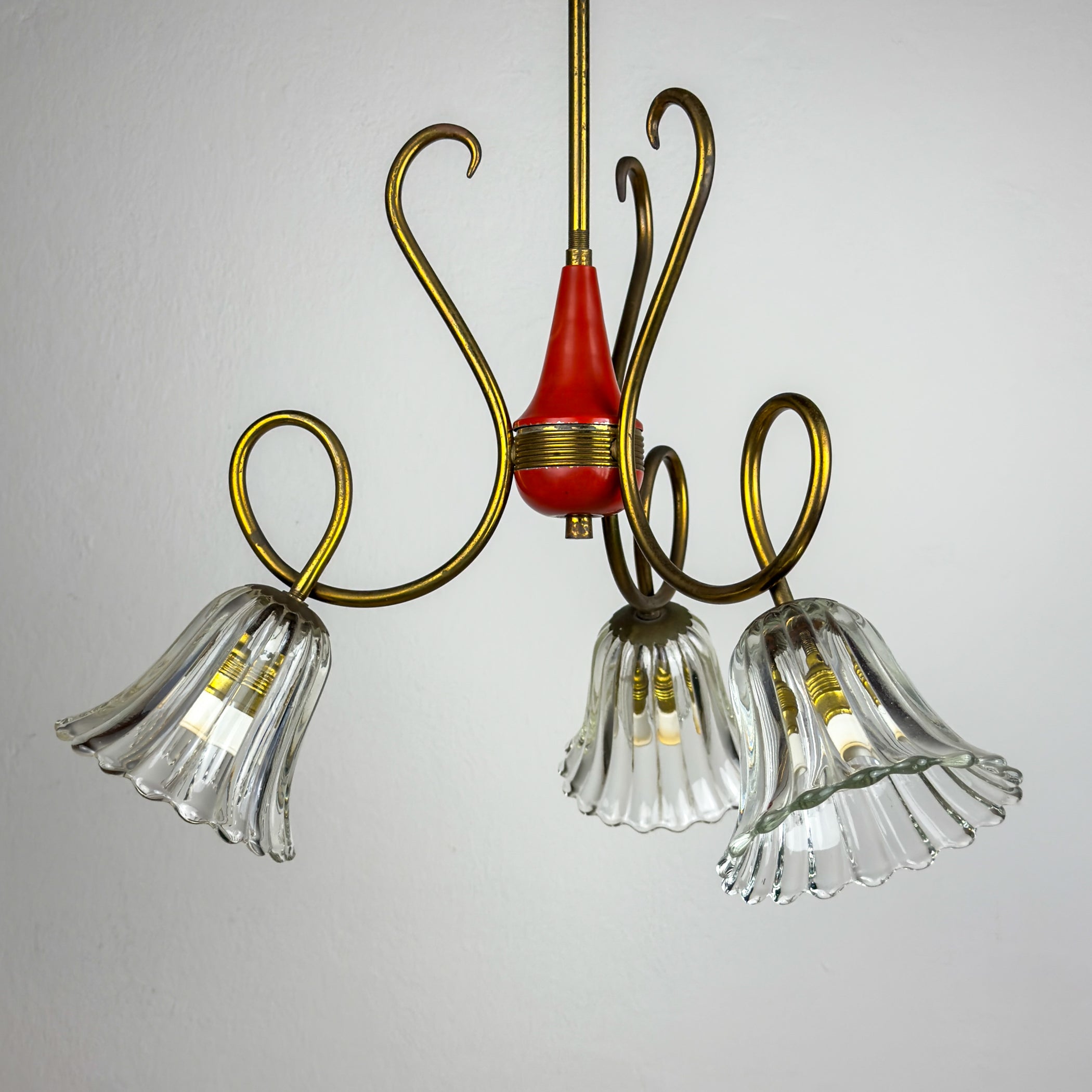 Vintage murano glass and brass chandelier, Italy 1950s